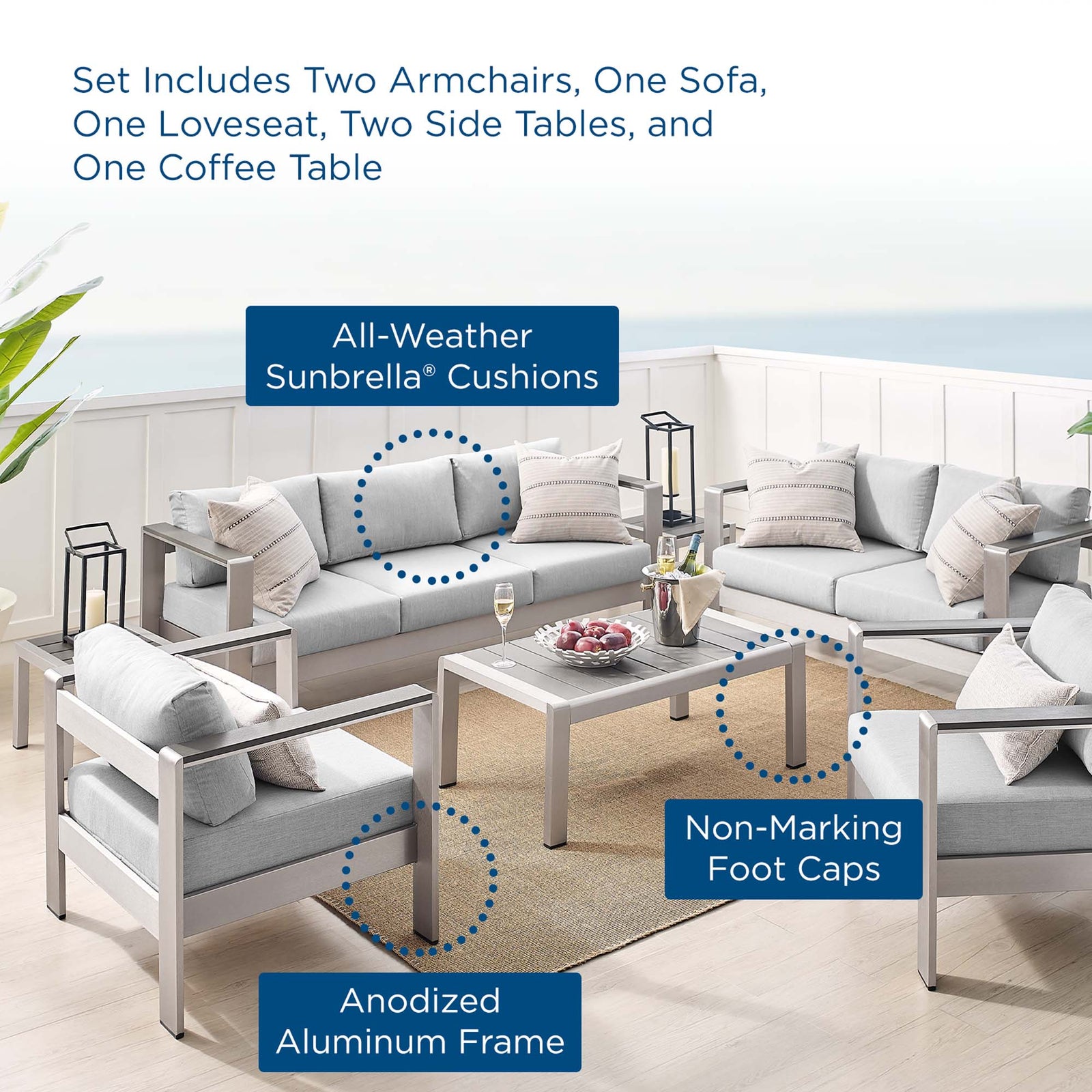 Shore 7 Piece Sunbrella® Fabric Outdoor Patio Aluminum Set by Modway