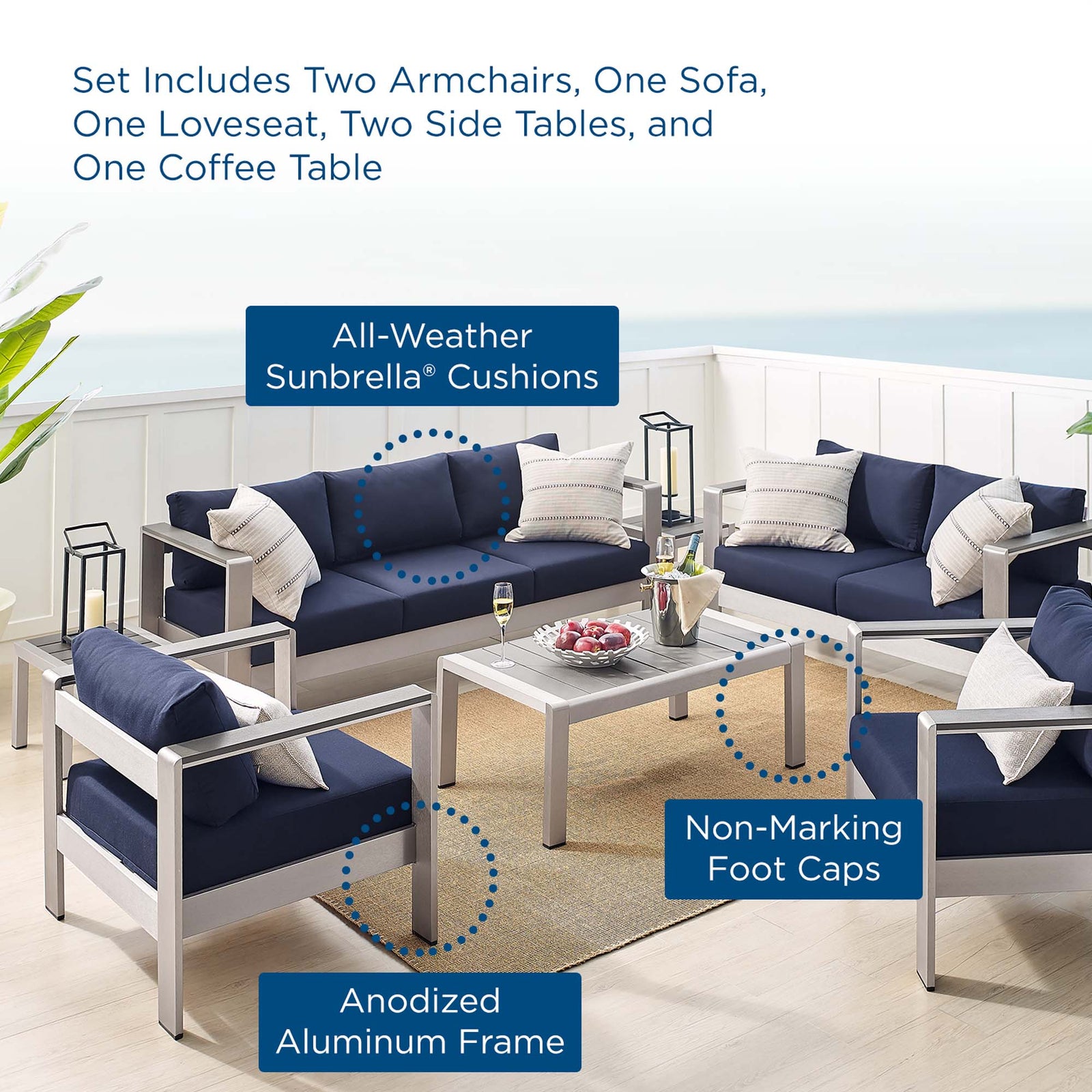 Shore 7 Piece Sunbrella® Fabric Outdoor Patio Aluminum Set by Modway