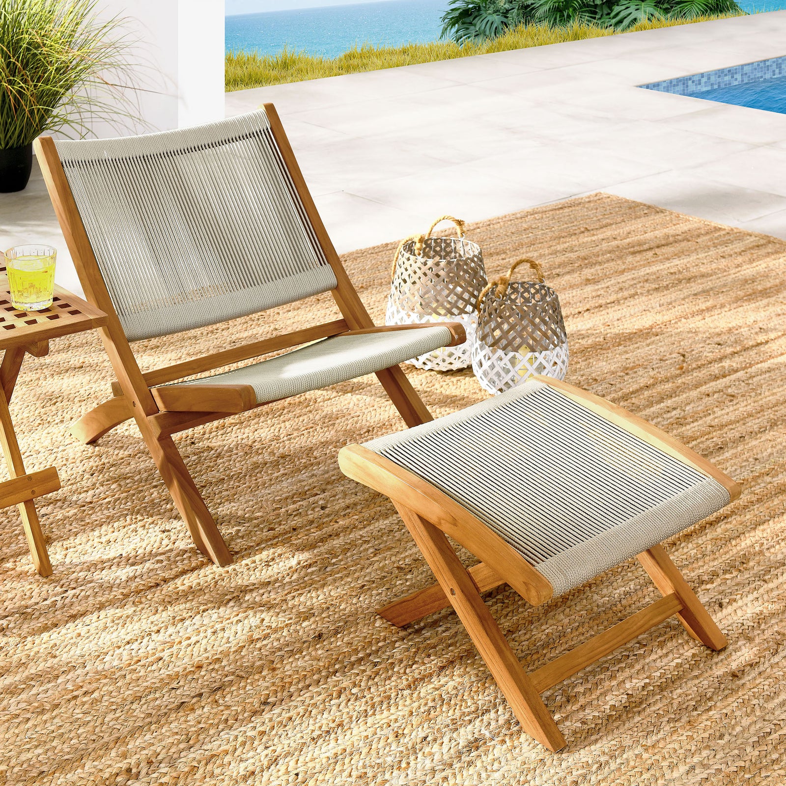 Vienna 2-Piece Outdoor Patio Teak and Rope Folding Accent Lounge Chair and Ottoman Set by Modway