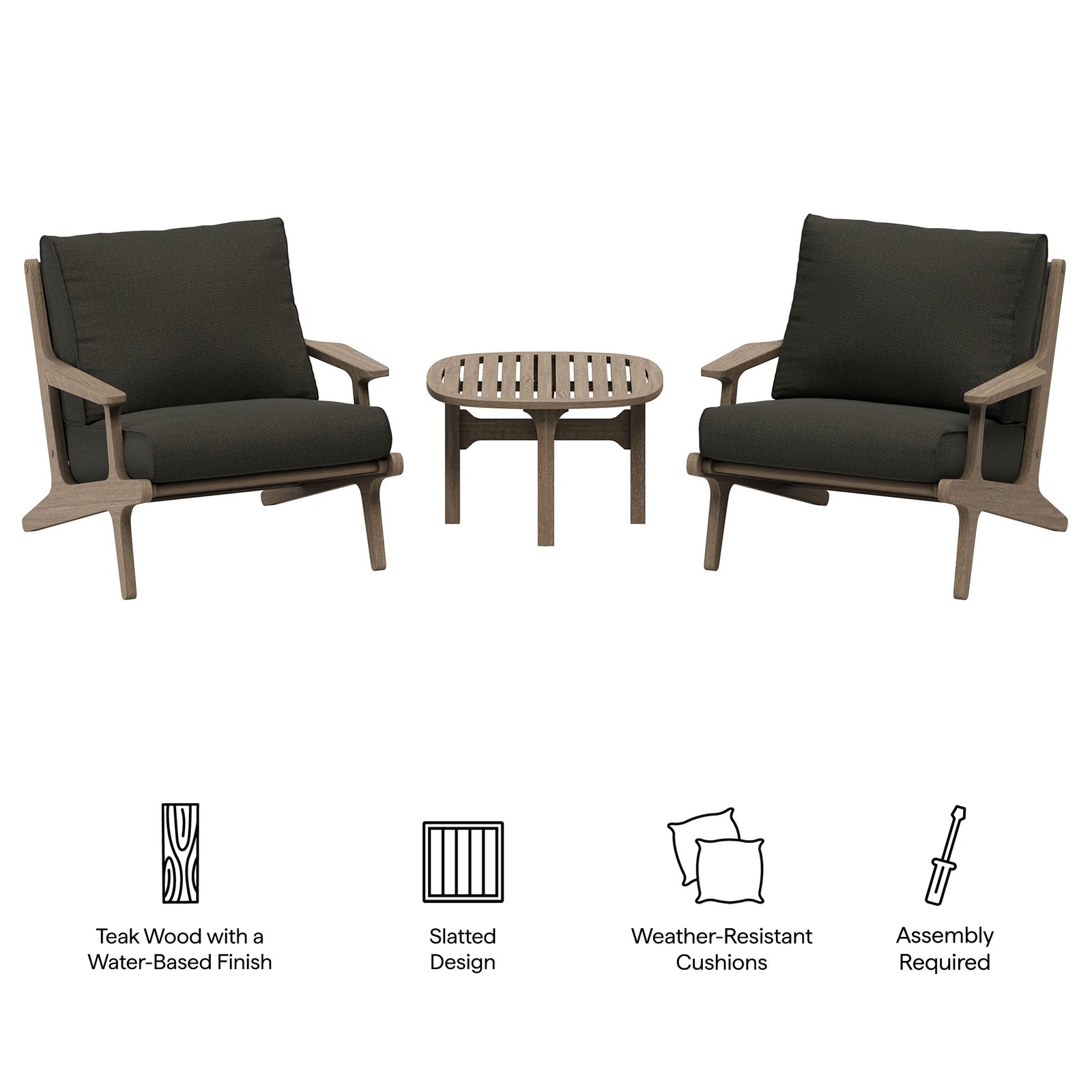 Saratoga 3-Piece Outdoor Patio Teak Wood Furniture Set with Lounge Chairs and Side Table by Modway