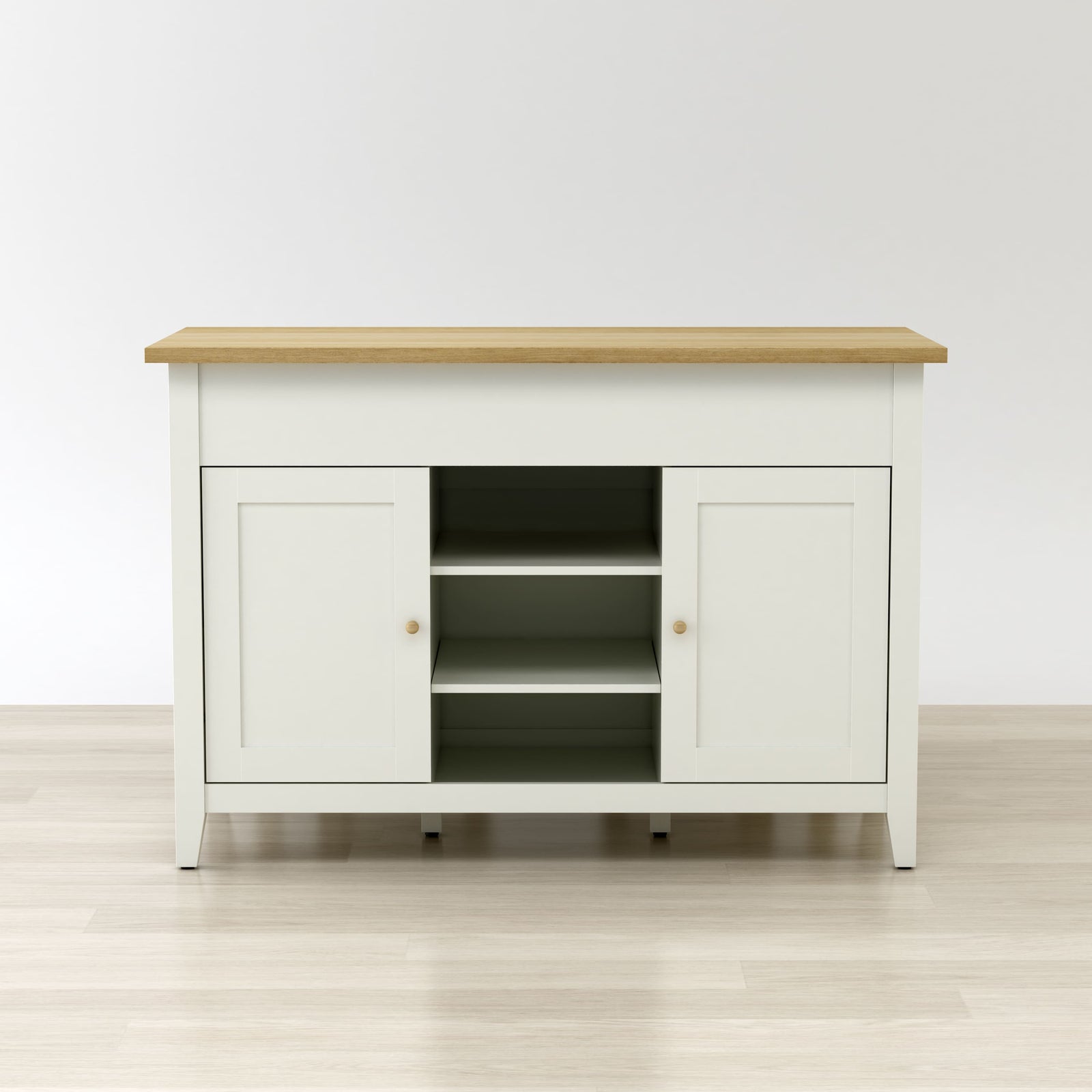 White sideboard with wooden top on a light wood floor