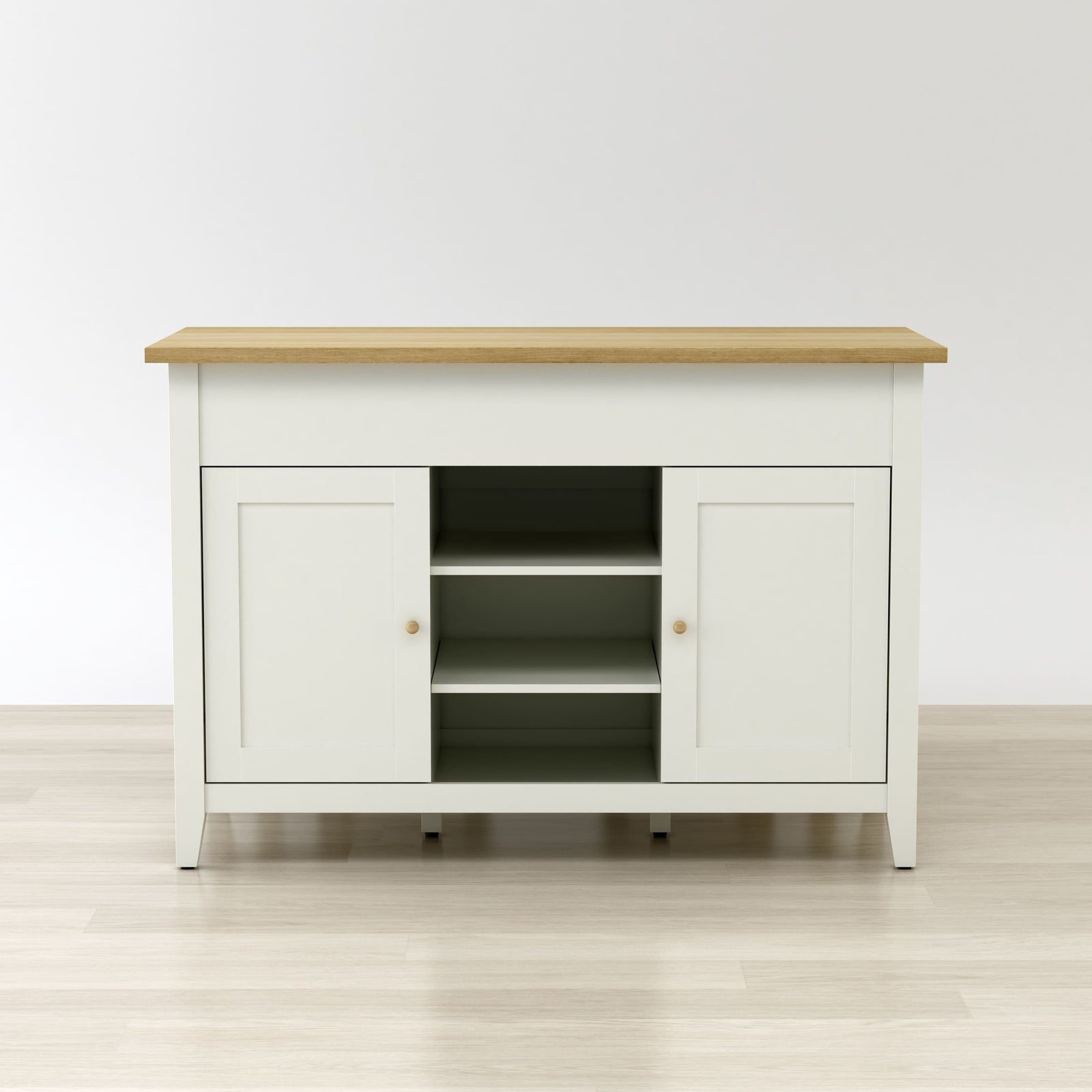 White sideboard with wooden top on a light wood floor