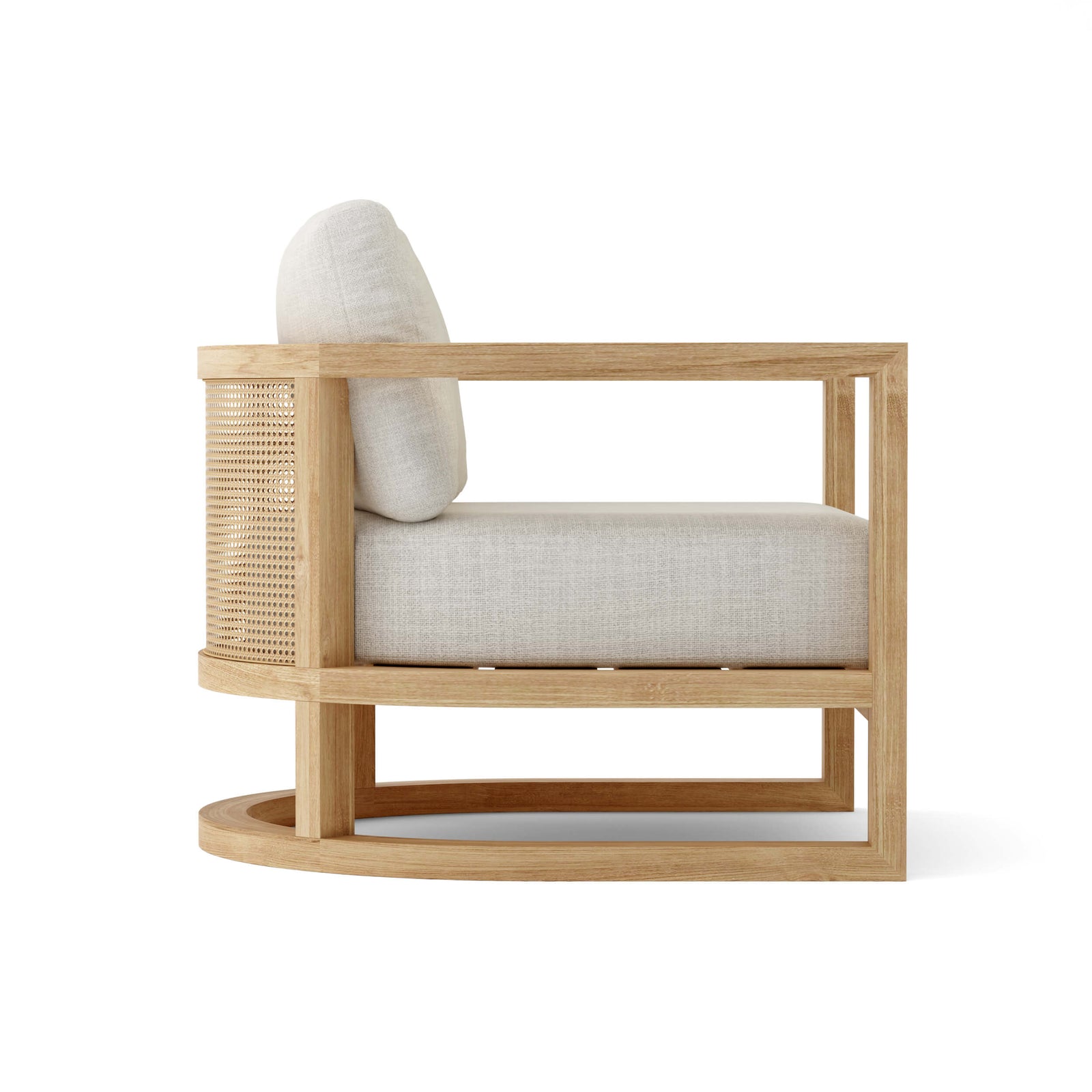 Wooden armchair with wicker backrest and beige cushion on a white background