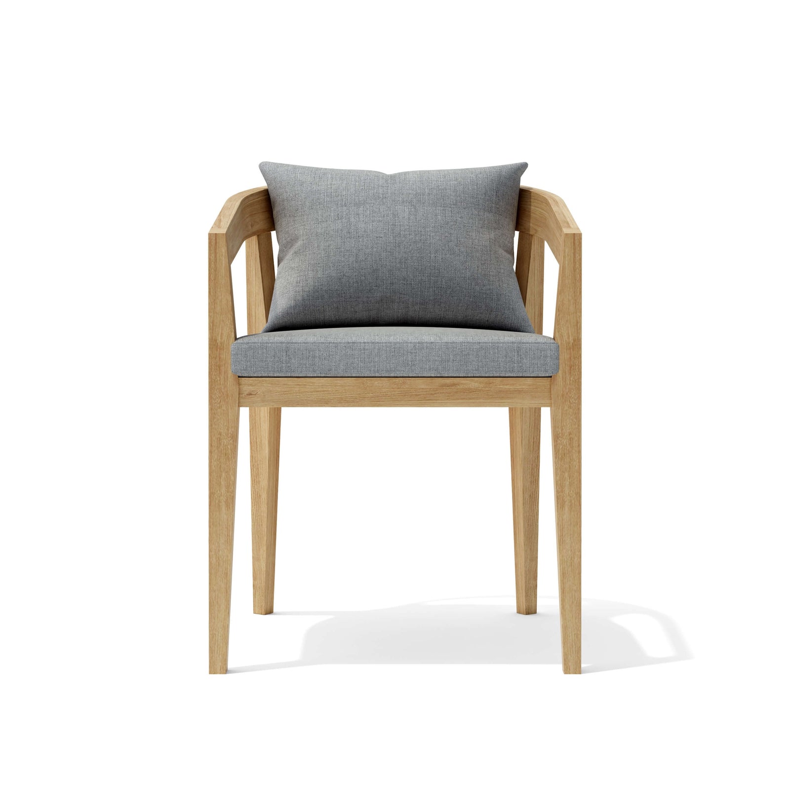 Chair with wooden frame and gray cushion on a white background
