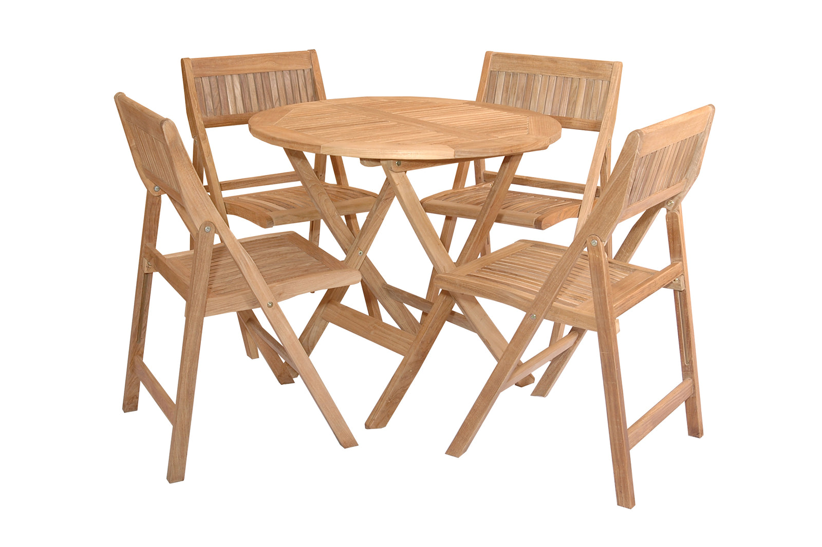 Wooden outdoor table and four chairs on a white background