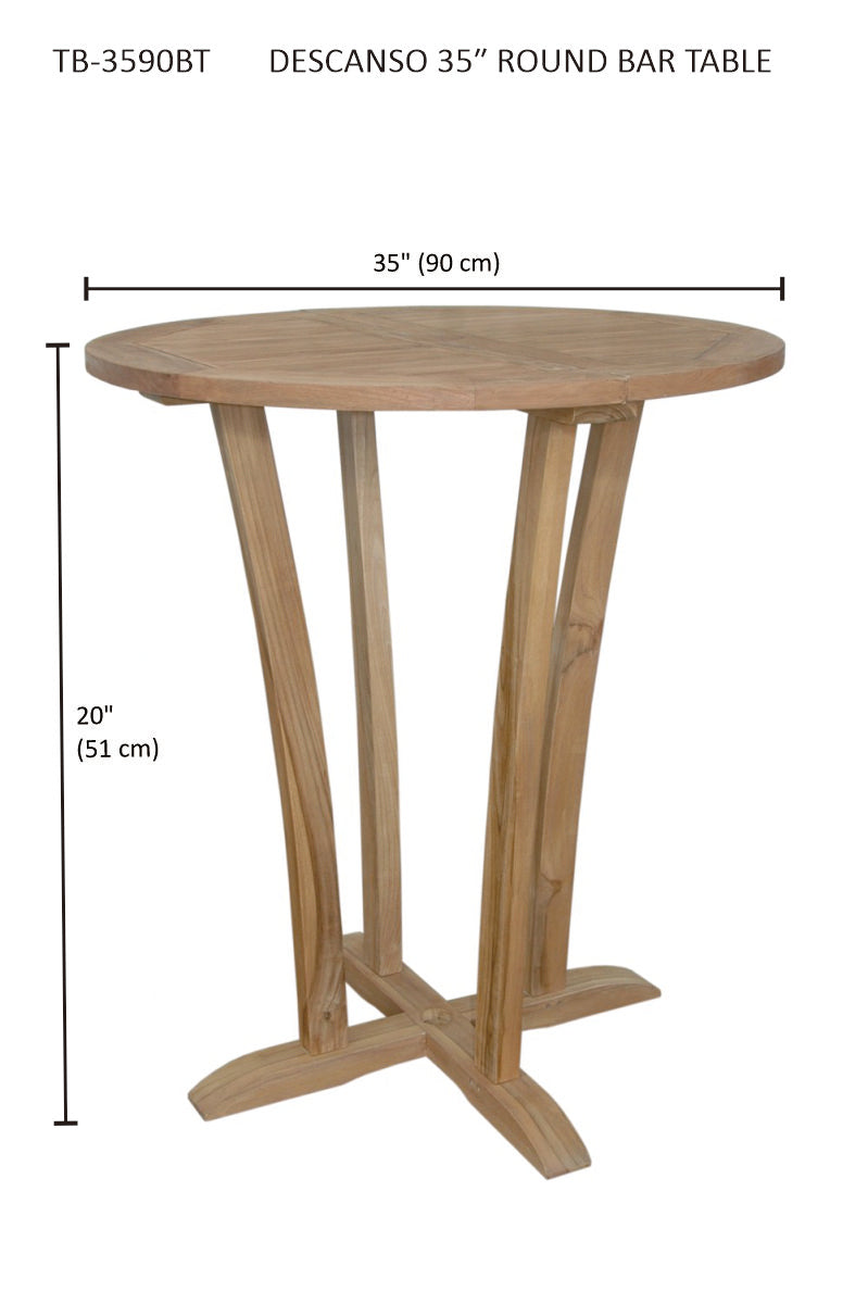 Wooden round bar table with dimensions on a white background