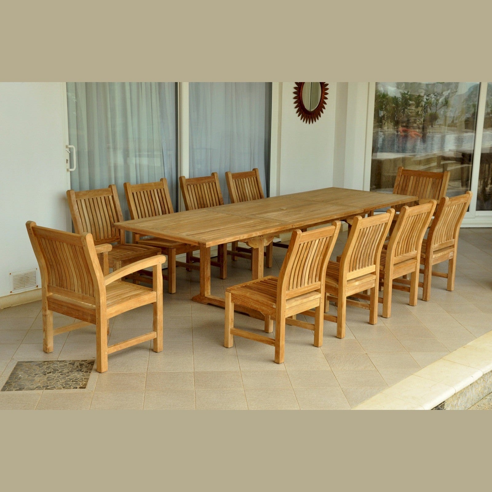 Wooden dining table with chairs on a patio
