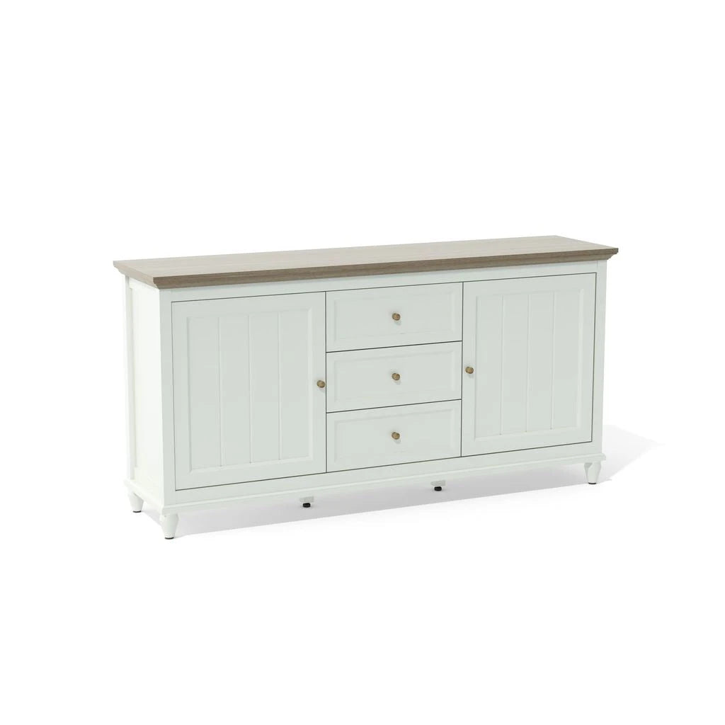 White sideboard with wooden top on a white background