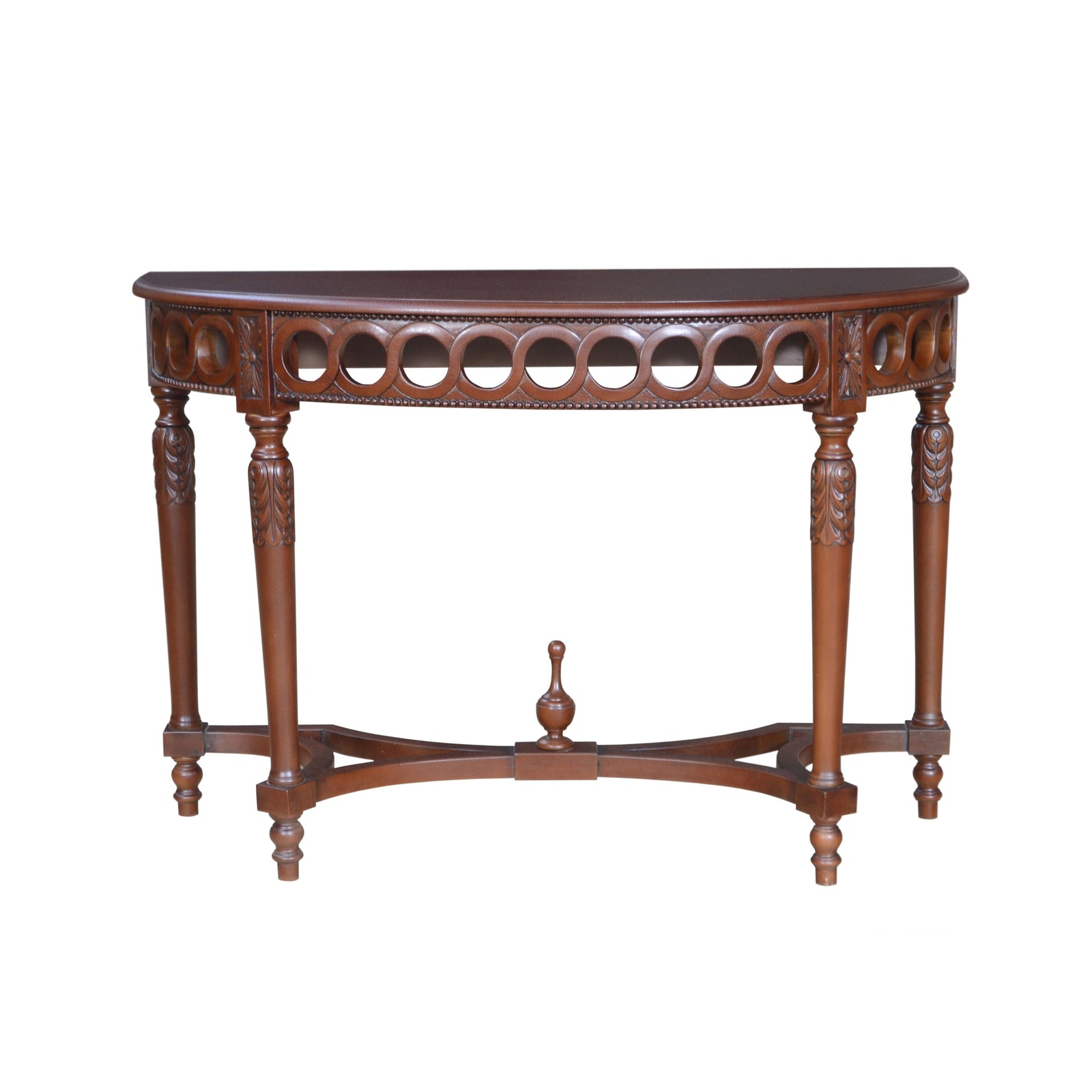 Wooden console table with intricate carvings on a white background