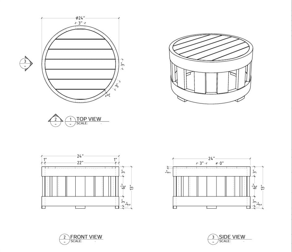 Technical drawings of a round wooden planter with dimensions labeled.