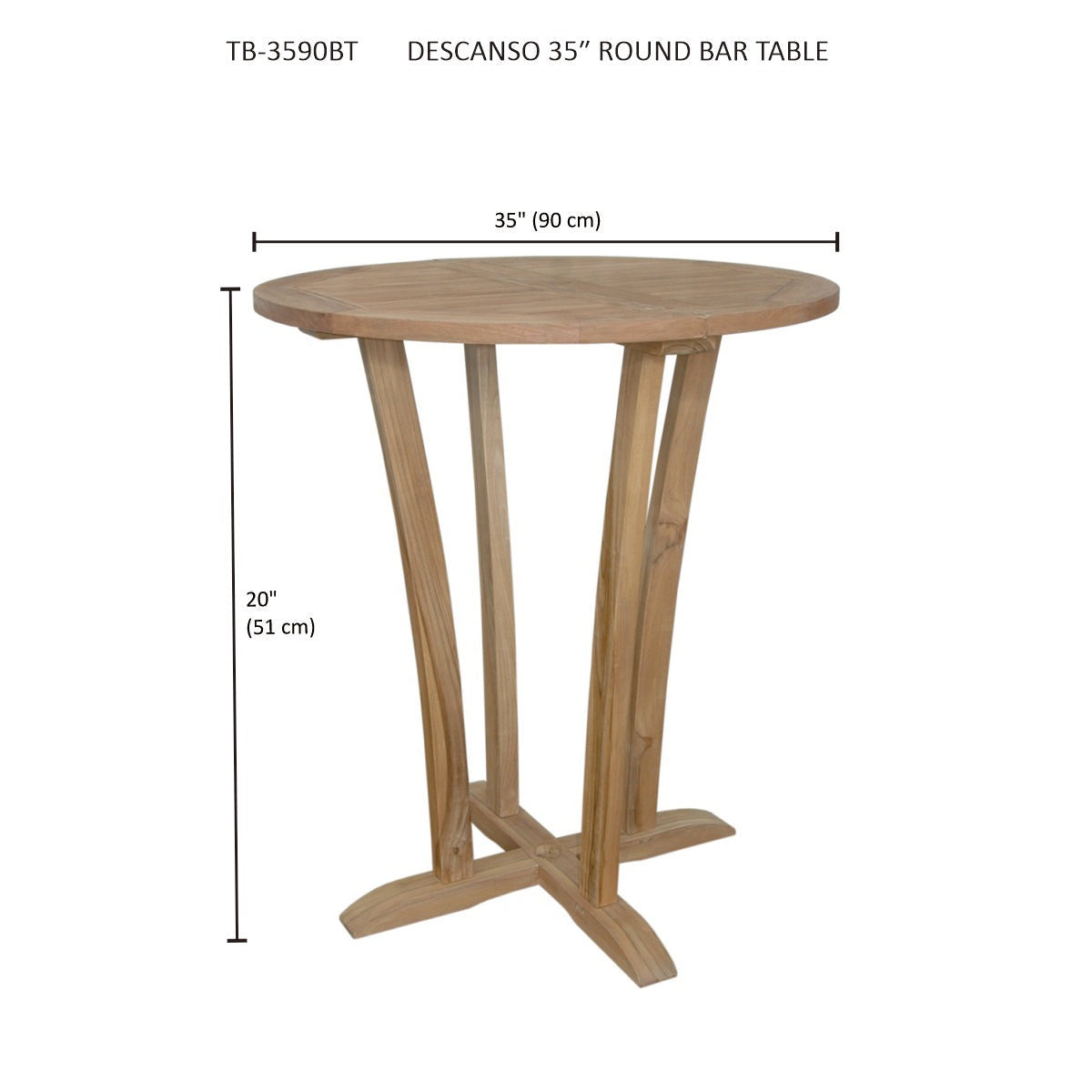 Wooden round bar table with dimensions on a white background