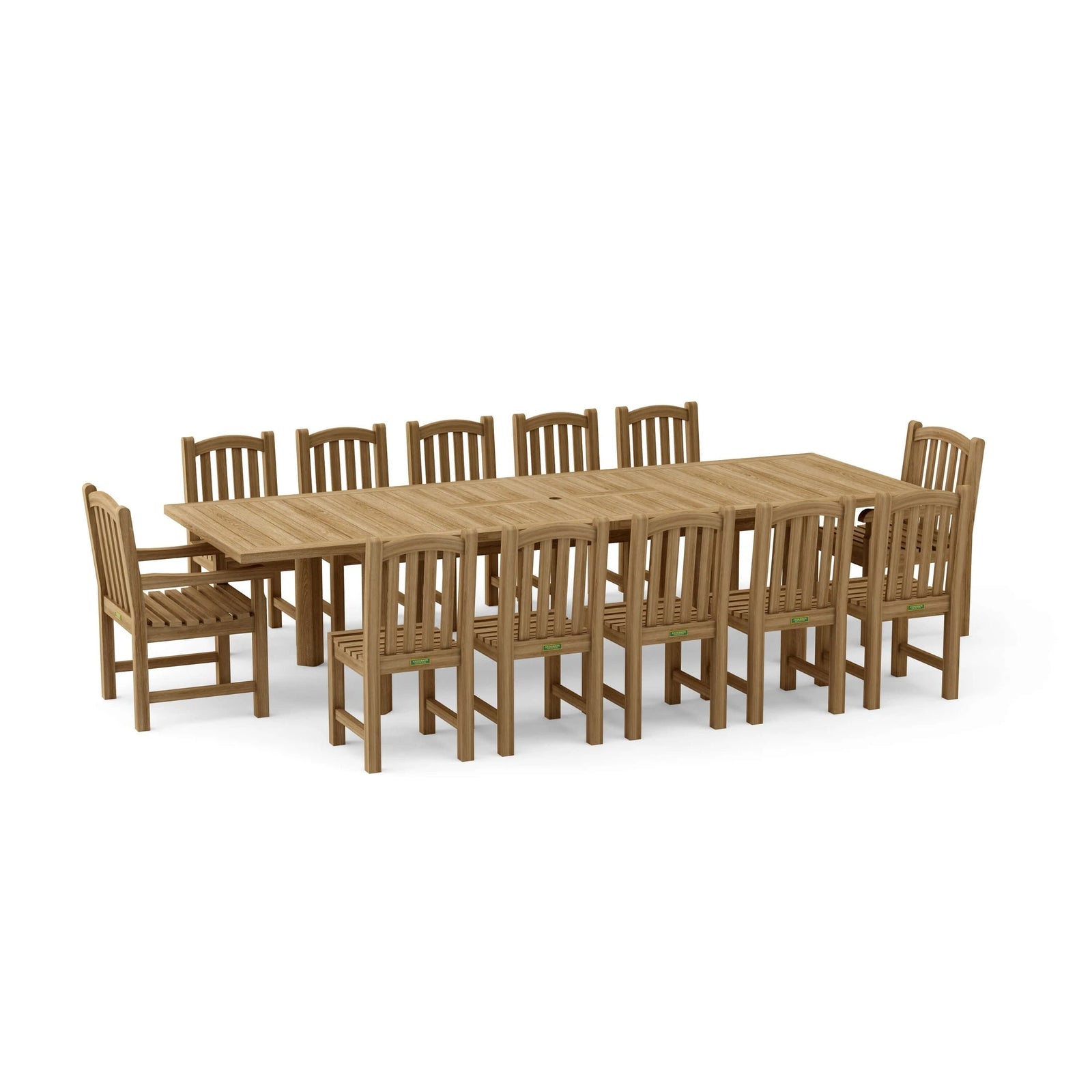 Wooden dining set with a large table and multiple chairs on a white background
