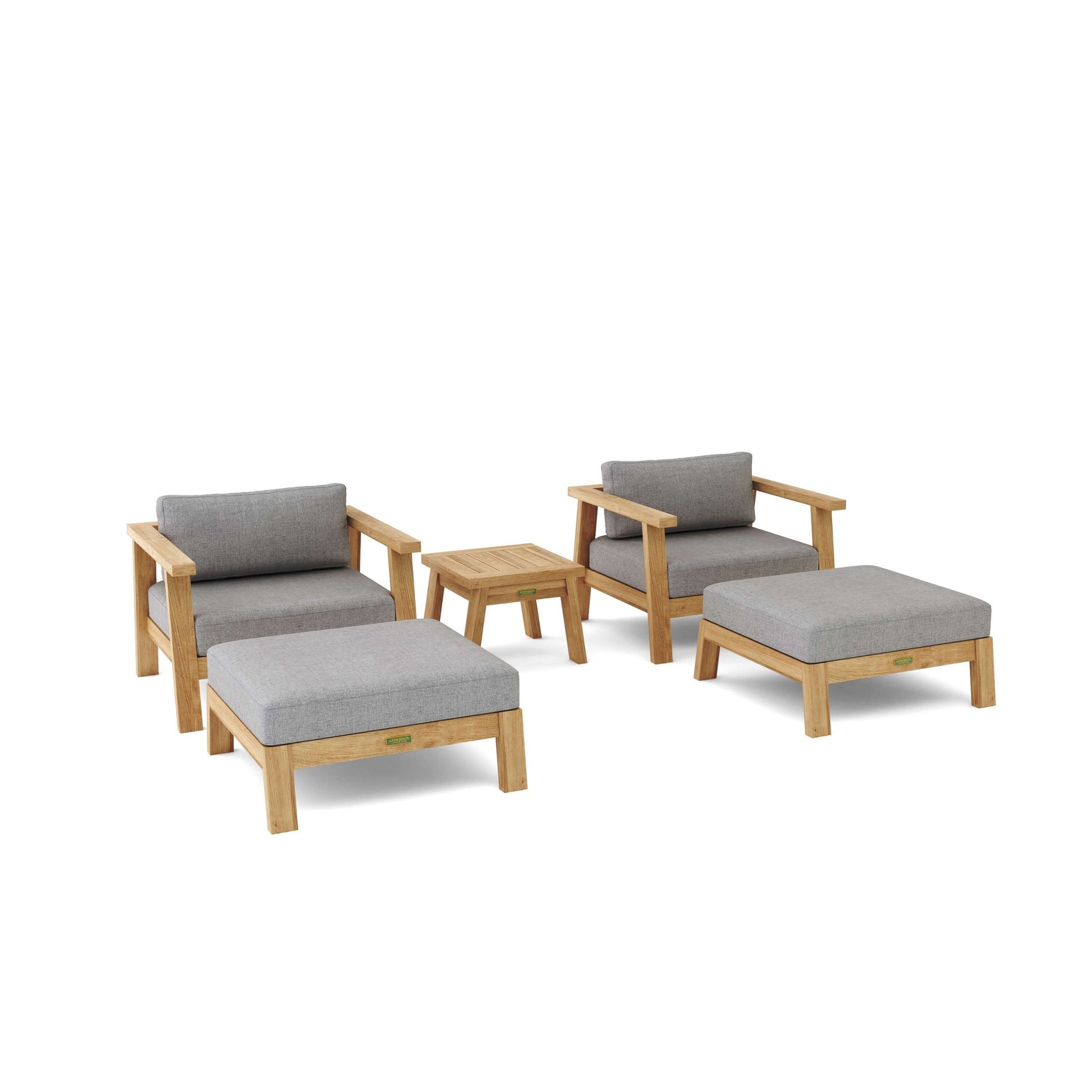 Outdoor furniture set with wooden frames and gray cushions on a white background