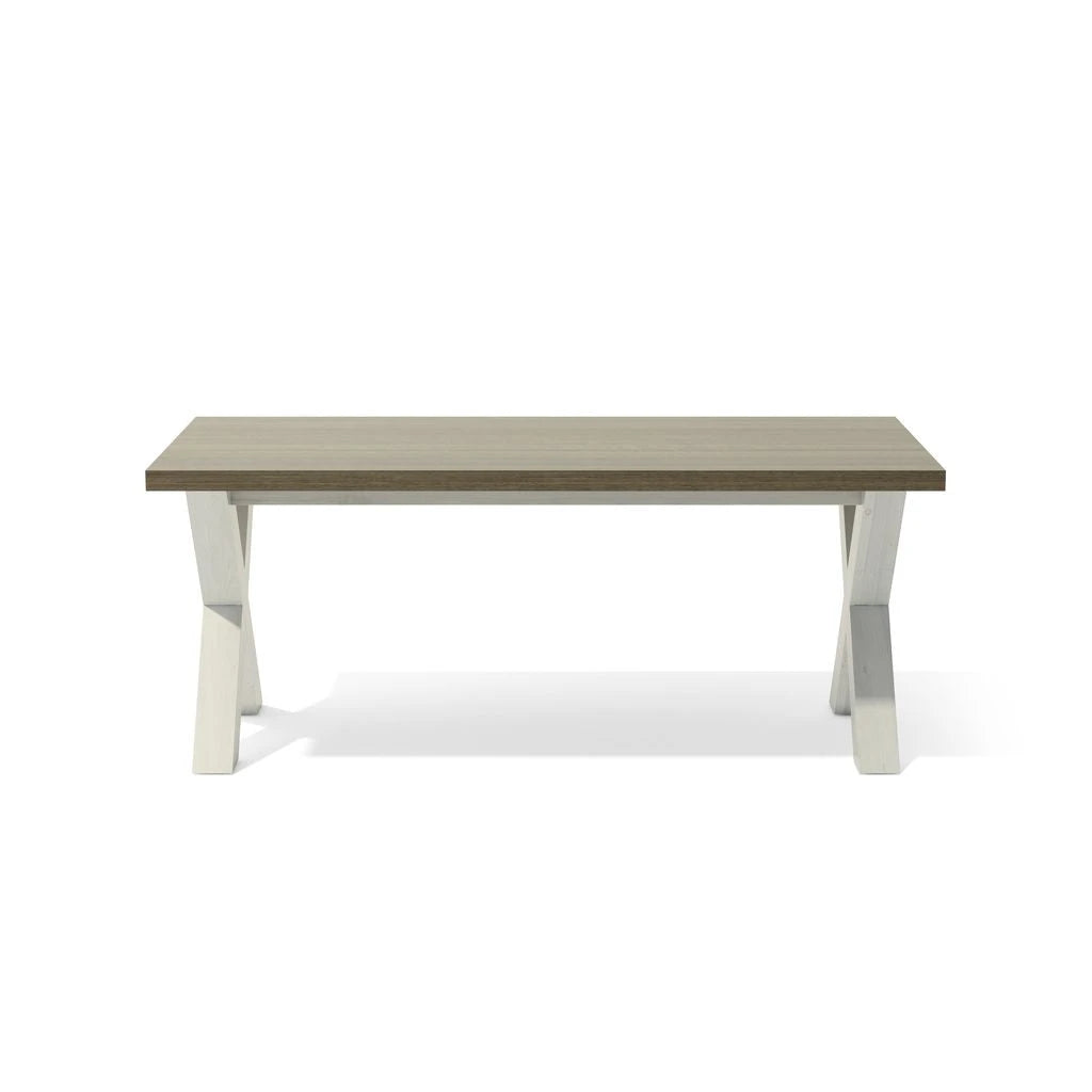 Rectangular table with a wooden top and white legs on a white background