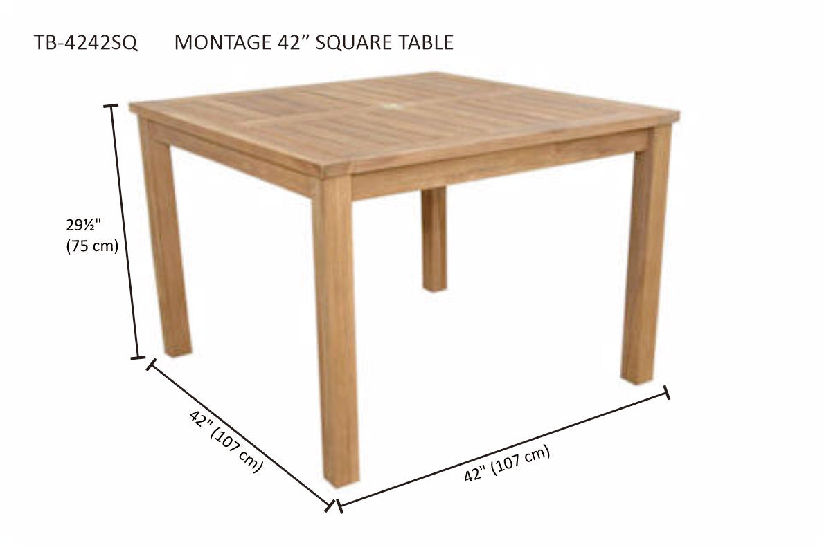 Wooden square table with dimensions labeled on a white background