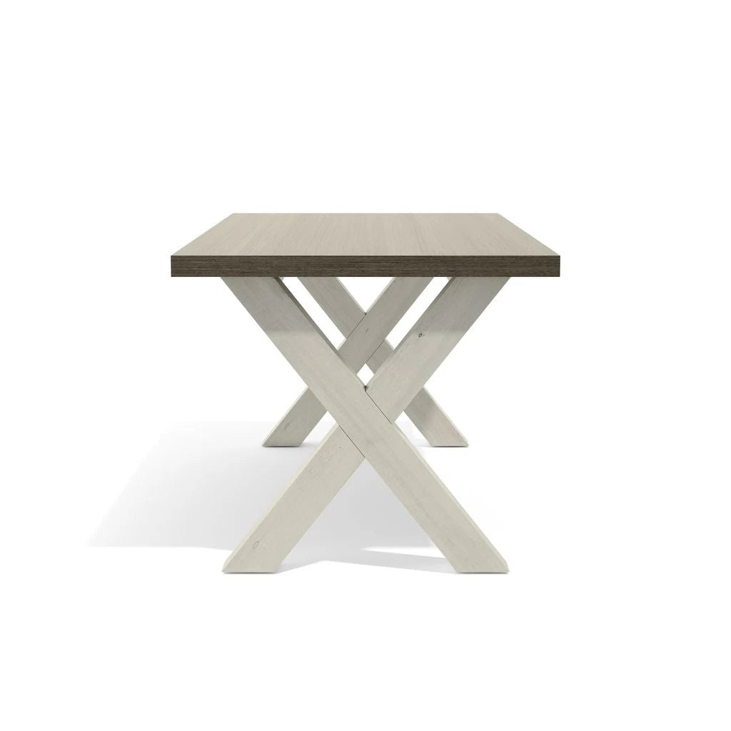 Square table with a concrete top and X-shaped metal legs on a white background