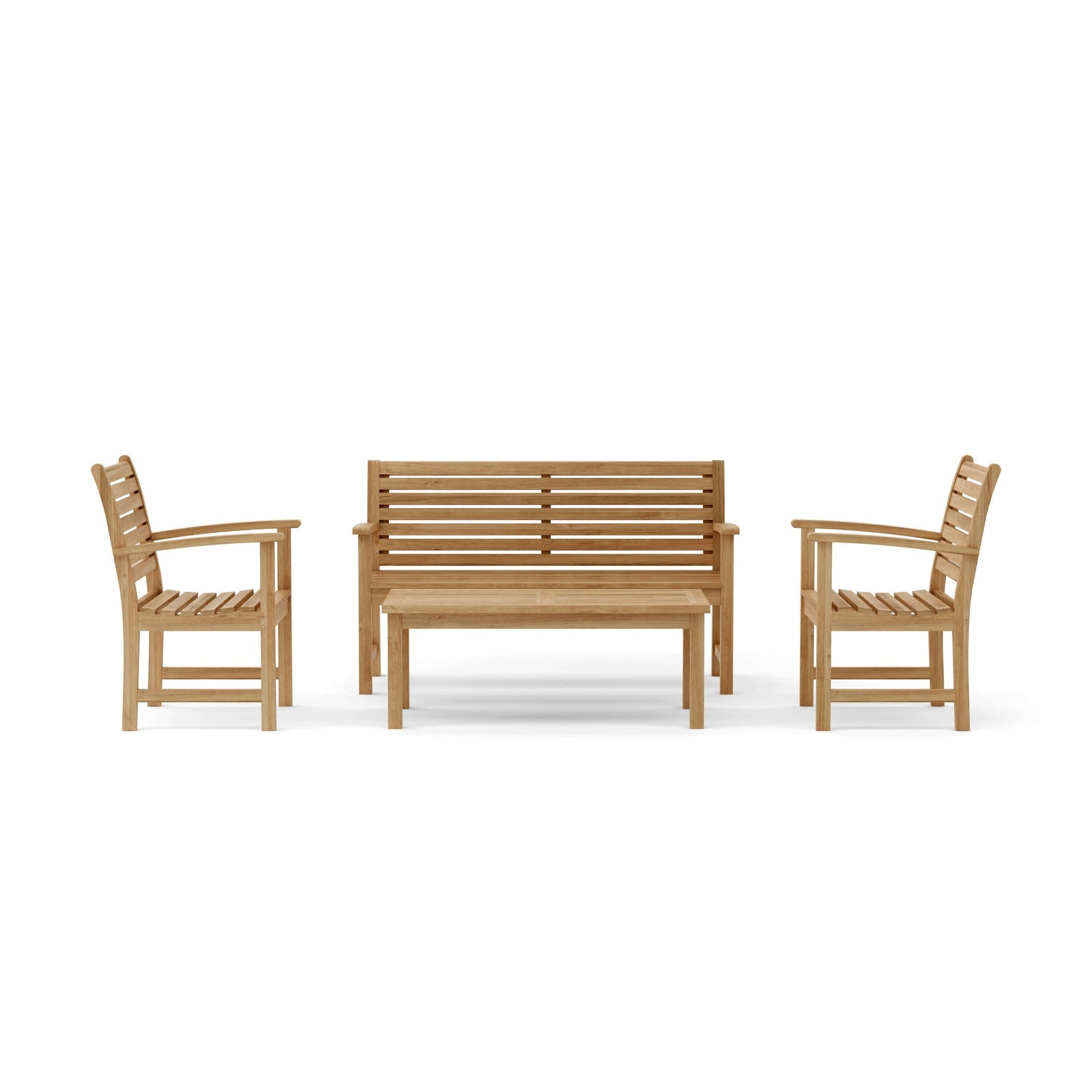 Wooden outdoor furniture set with two chairs and a bench on a white background