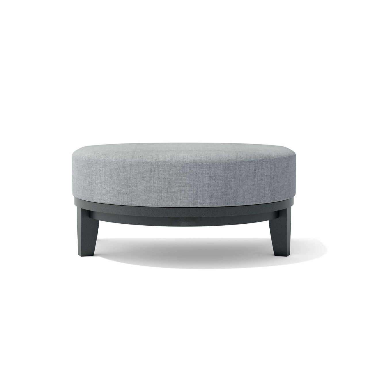 Gray upholstered ottoman with dark wooden legs on a white background
