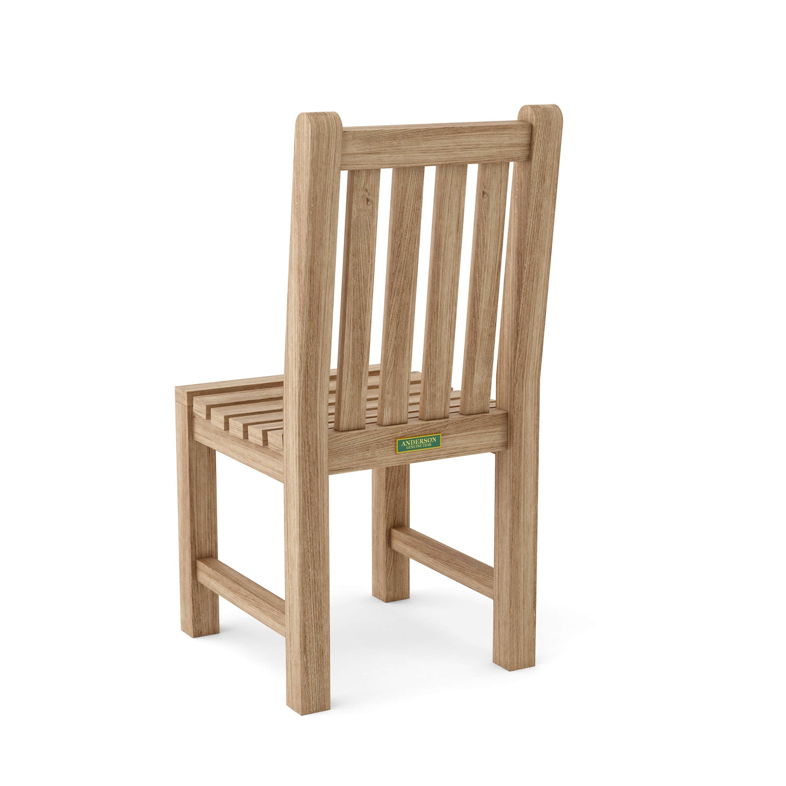 Wooden chair with a visible brand label on a white background