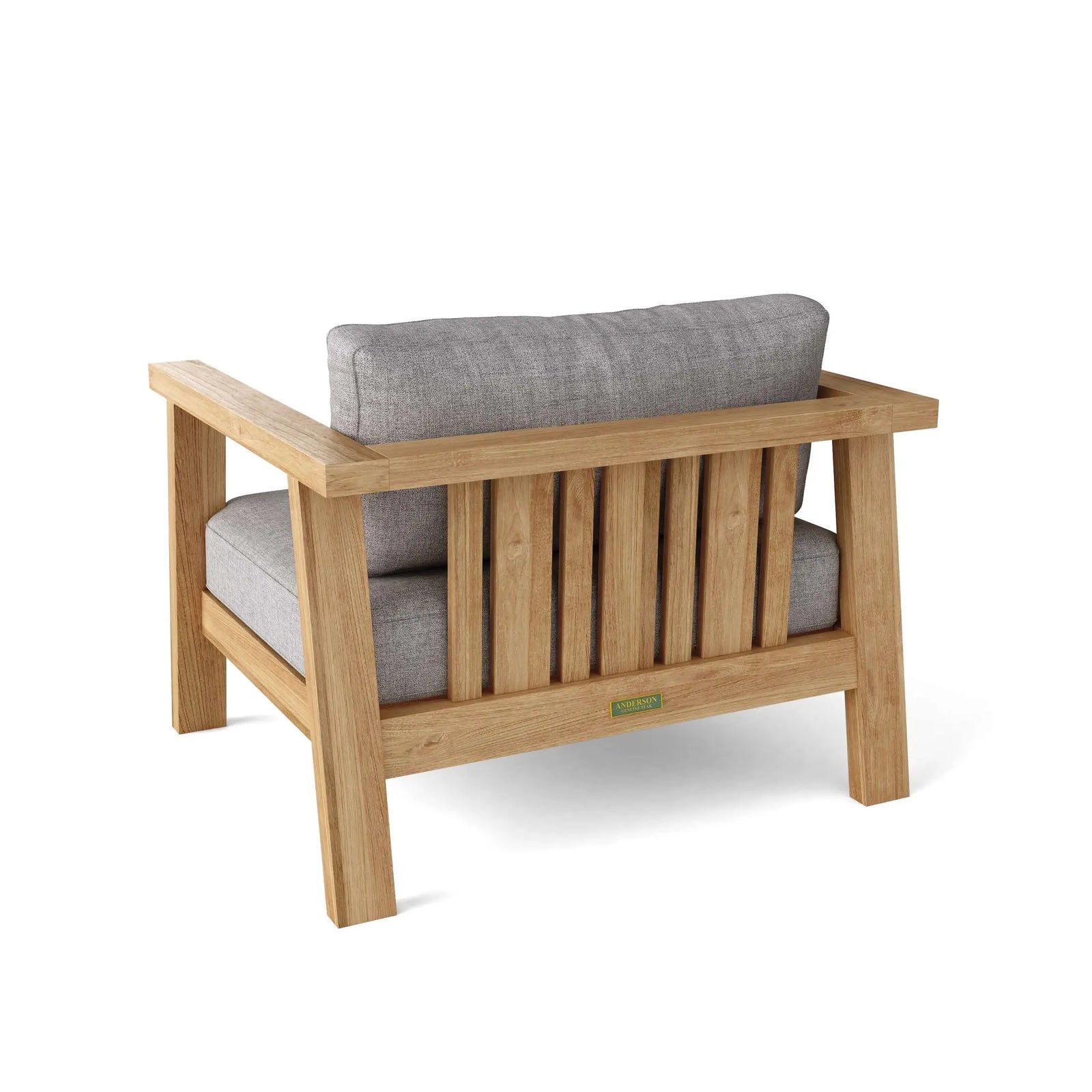 Wooden bench with gray cushions on a white background