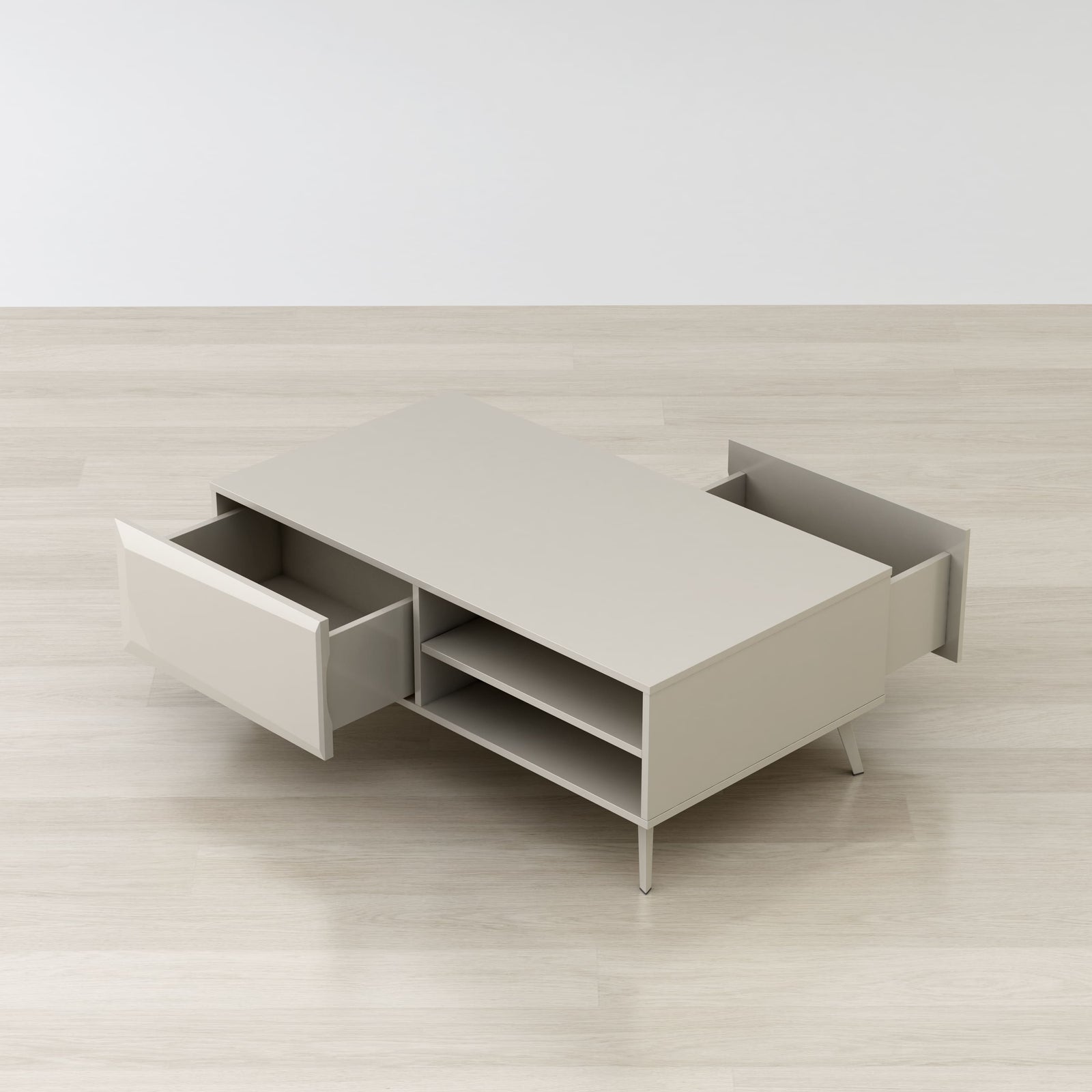 Beige TV stand with open drawer on a light wooden floor