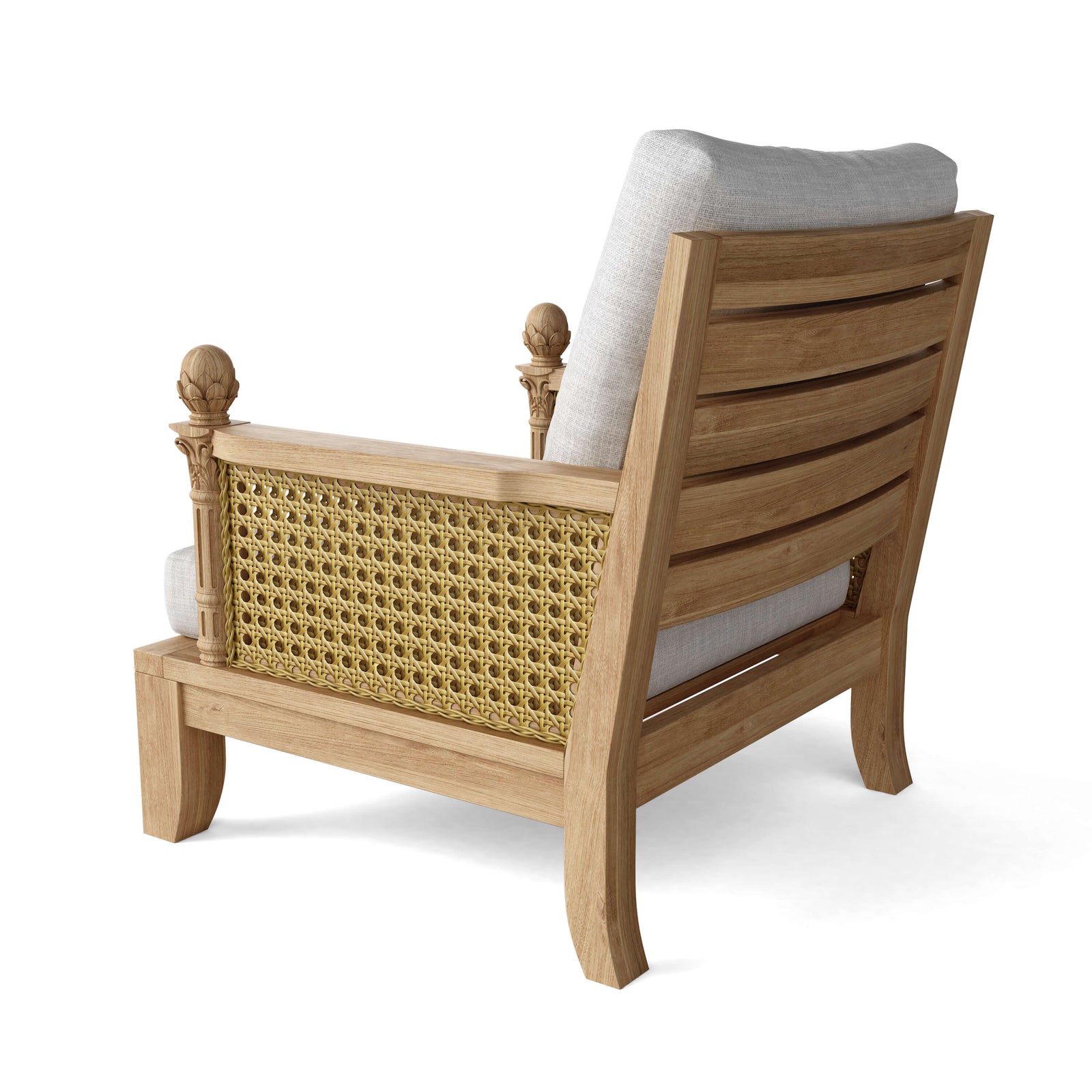 Wooden armchair with wicker backrest and white cushion on a white background