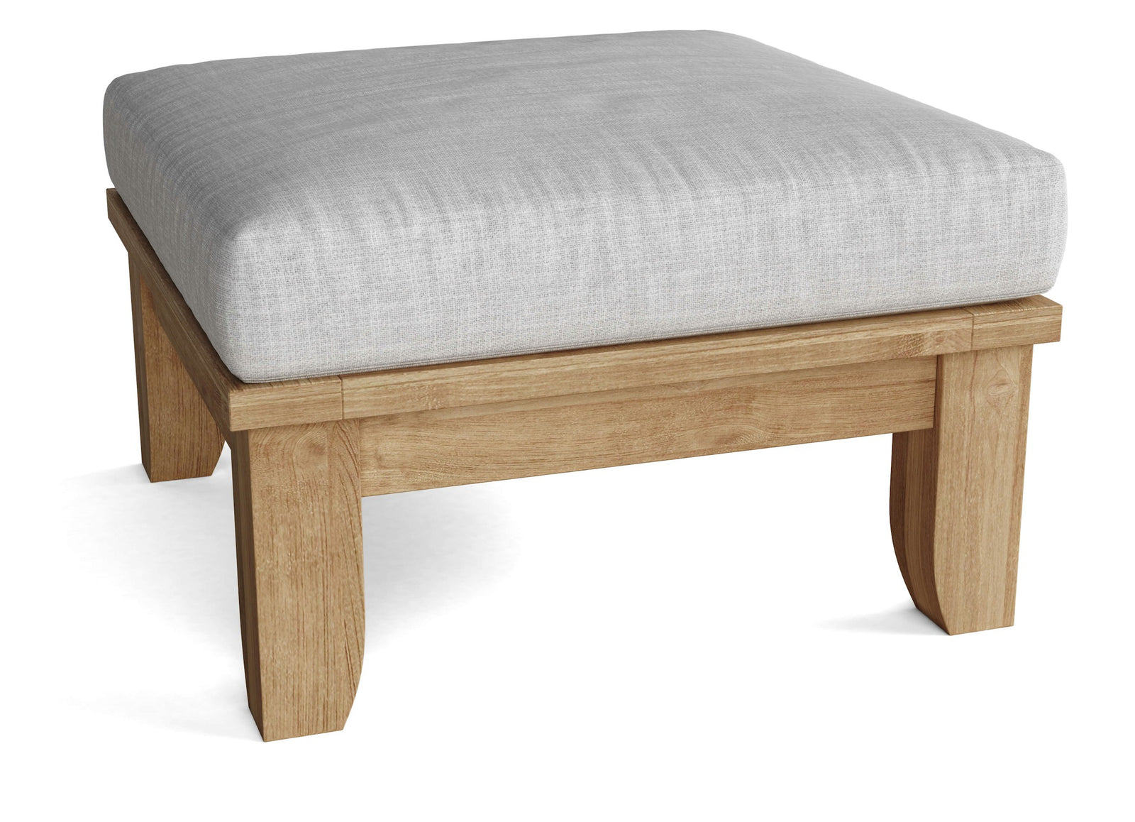Wooden ottoman with a gray cushion on a white background
