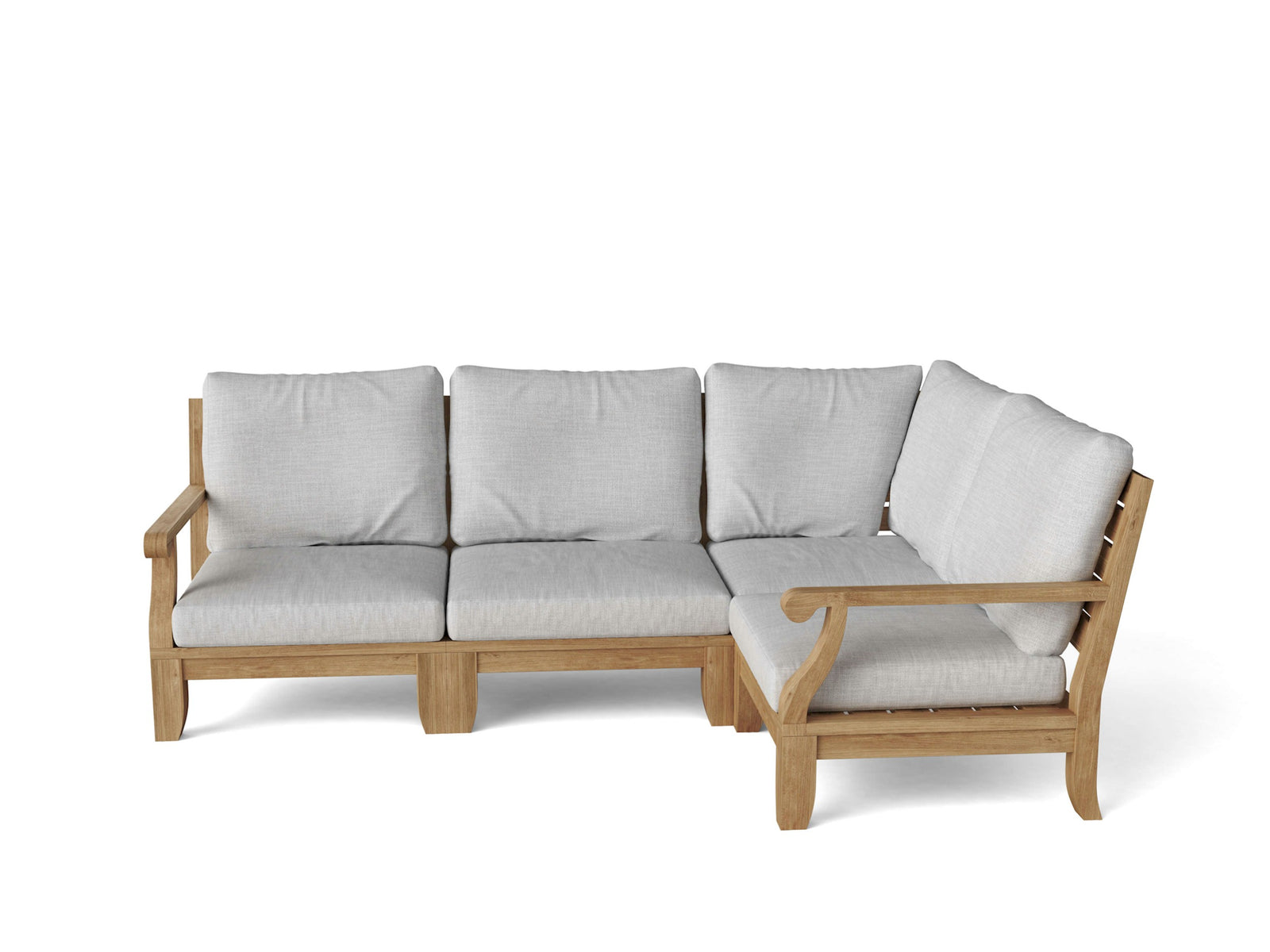 Wooden outdoor sofa with light gray cushions on a white background