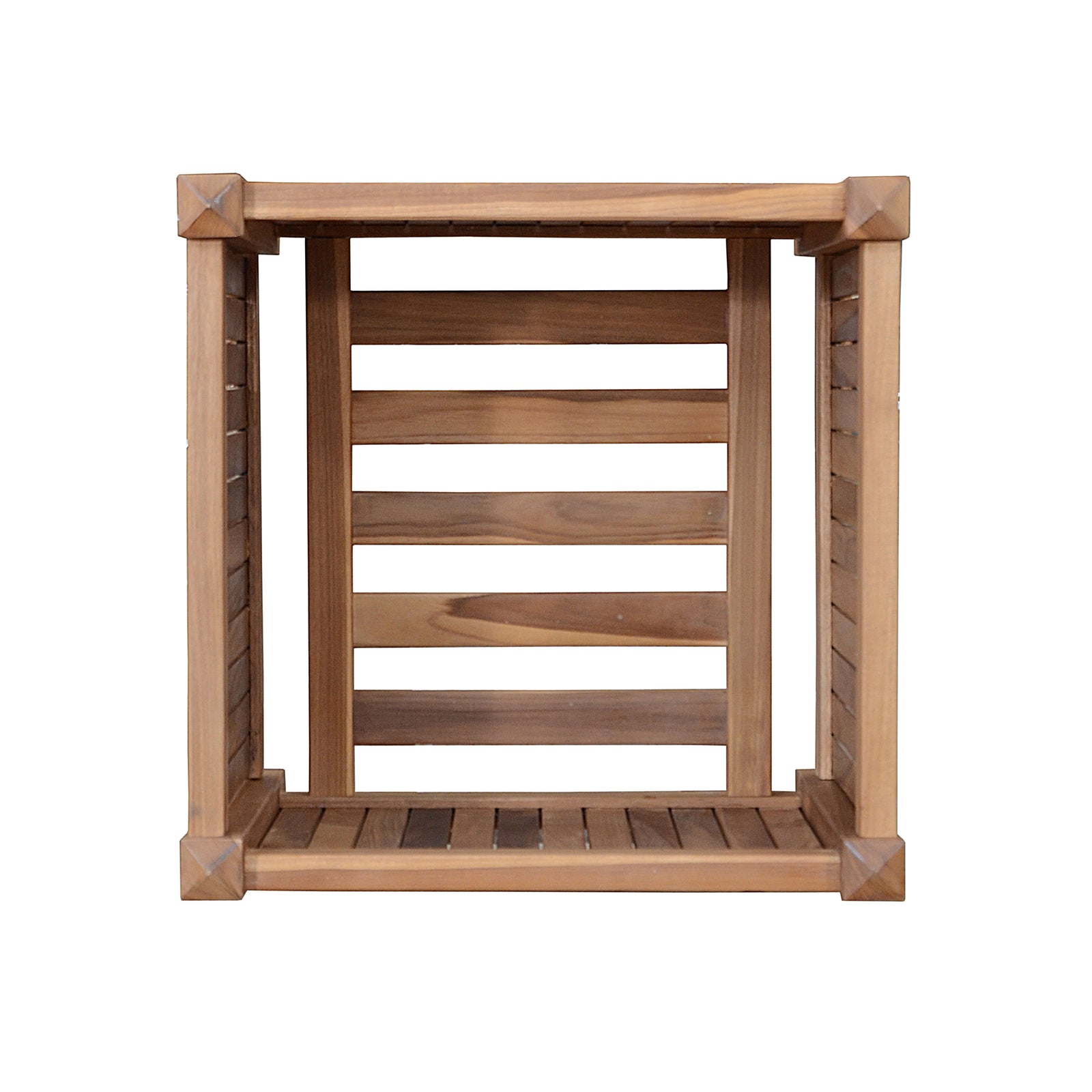 Wooden shelf with slatted design on a white background