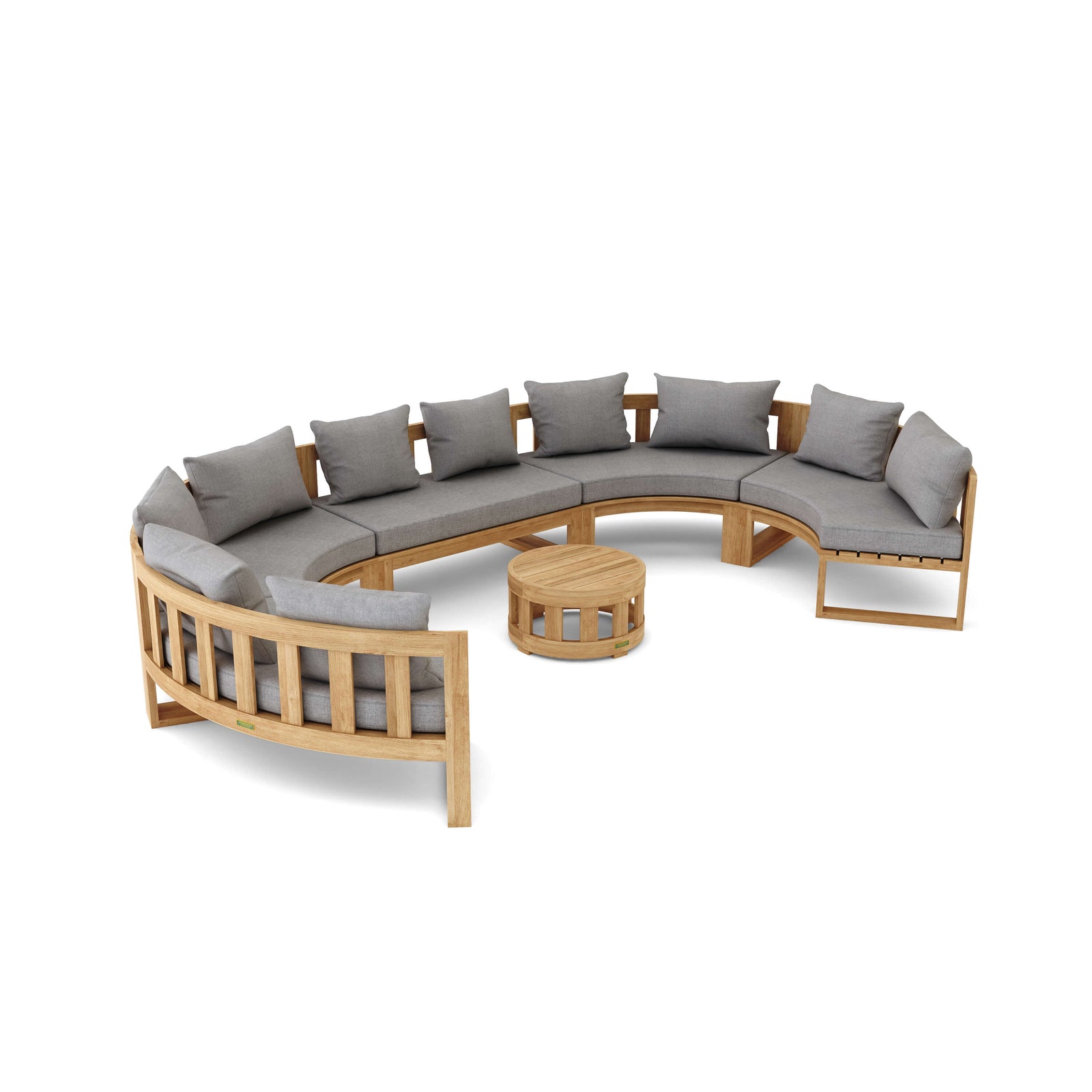 Curved outdoor sofa with gray cushions and a matching coffee table on a white background