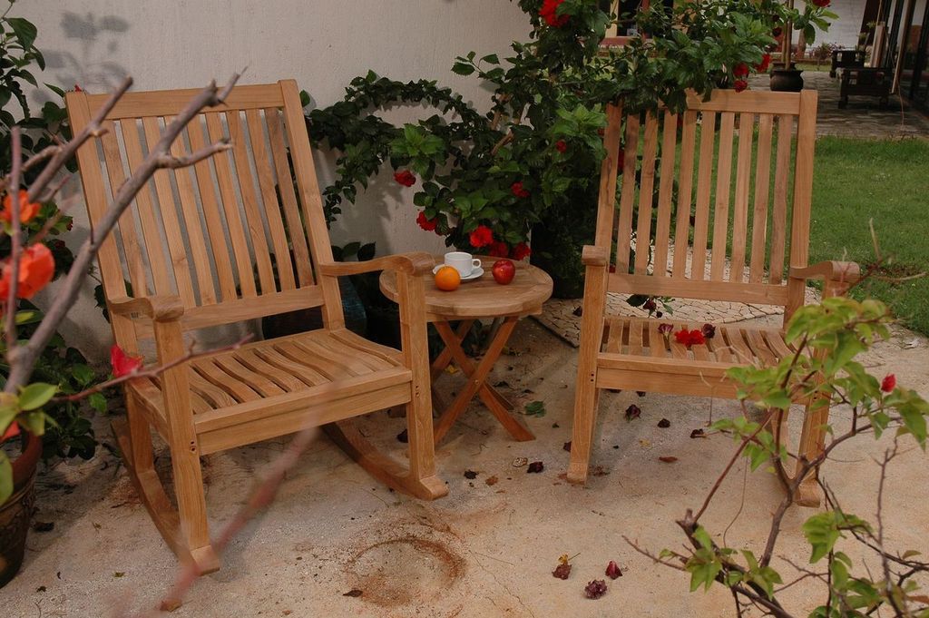 Del-Amo Bahama 3-Pc Teak Rocking Chair & Folding Side Table Set | BetterPatio // BetterPatio.com
