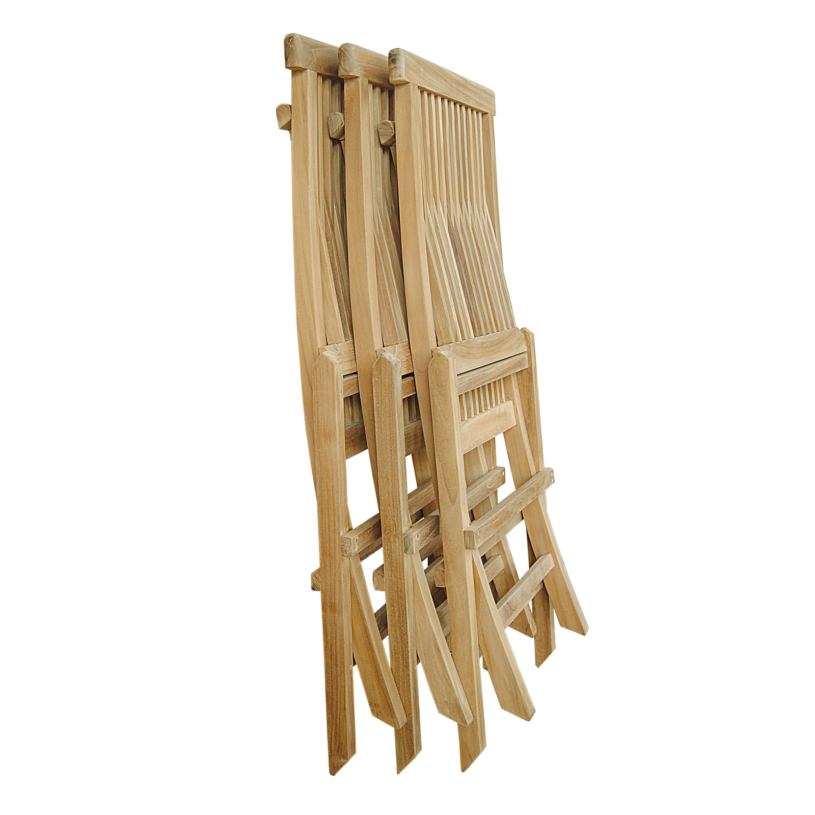 Wooden folding chairs stacked on a white background