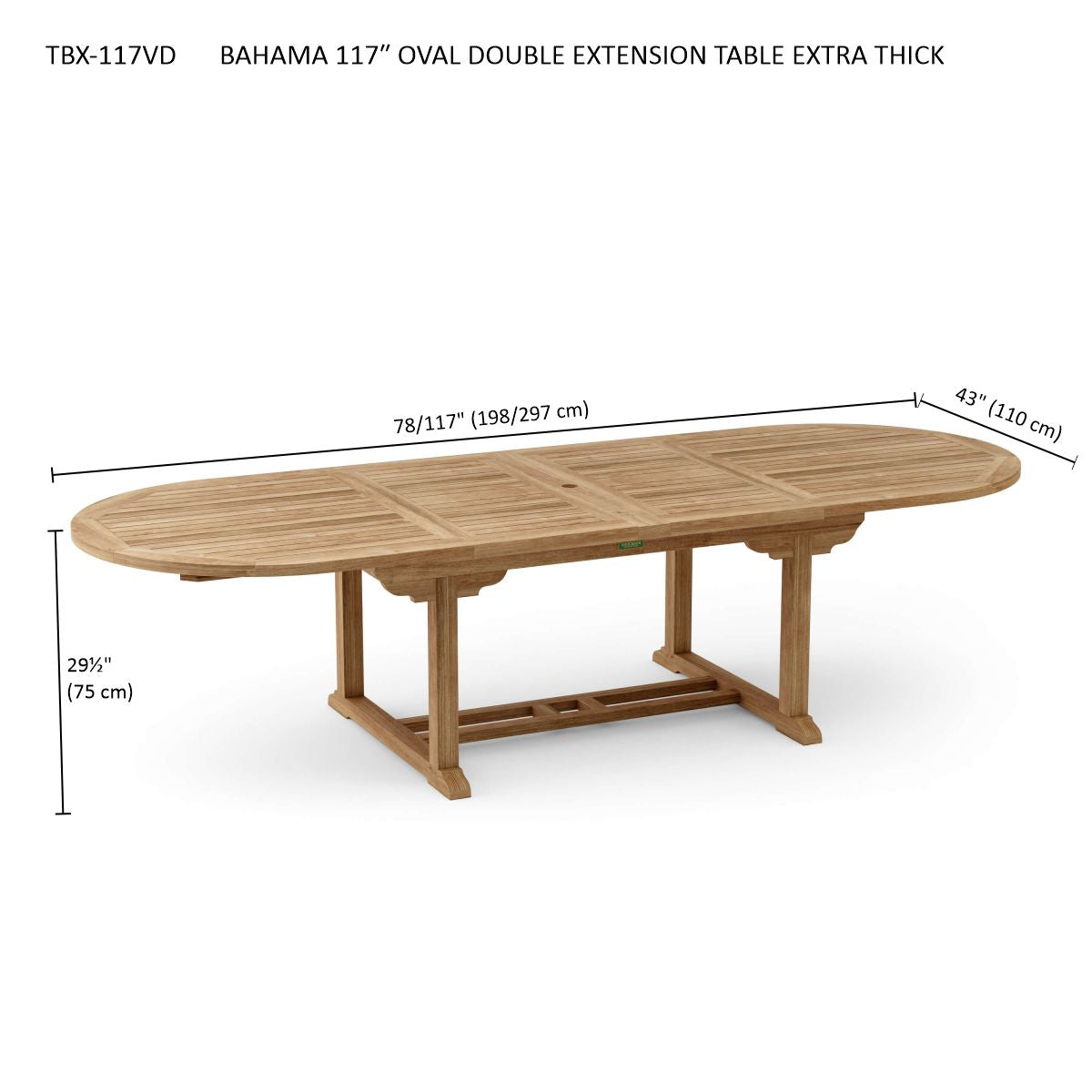 Wooden oval extension table with dimensions on a white background