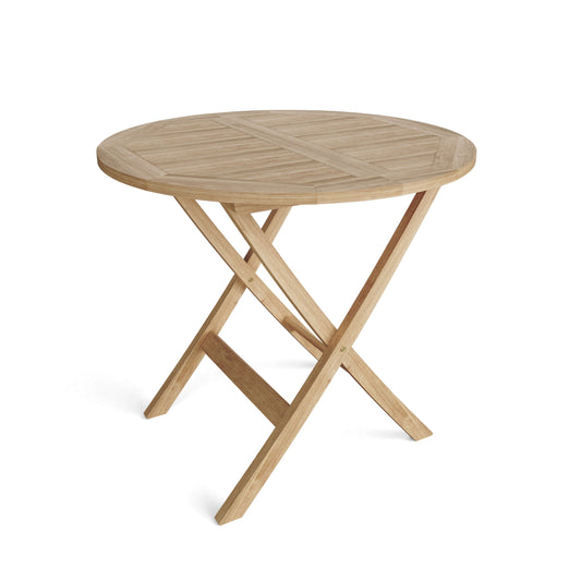 Round wooden folding table on a white background