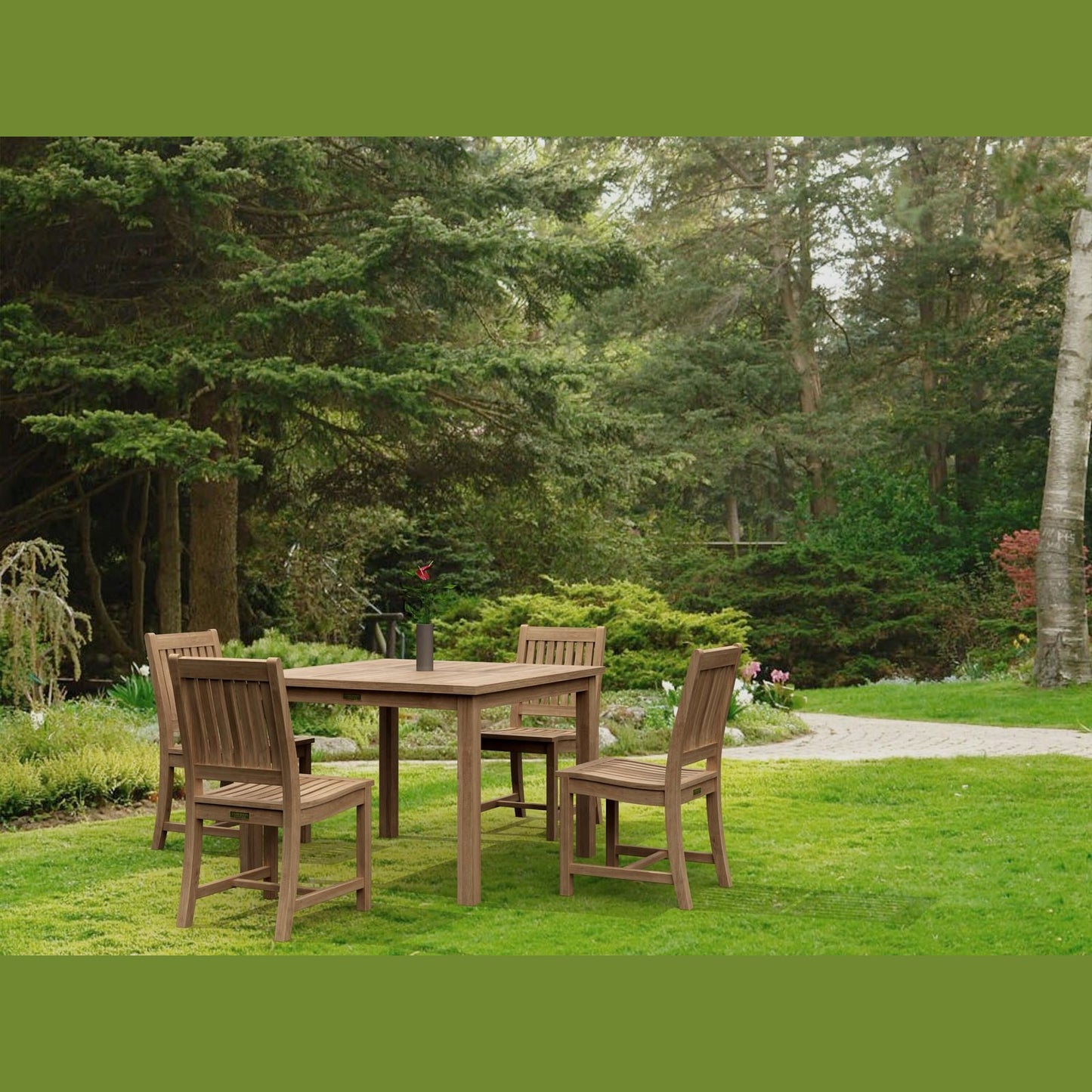 Wooden outdoor dining set in a garden with trees and flowers in the background