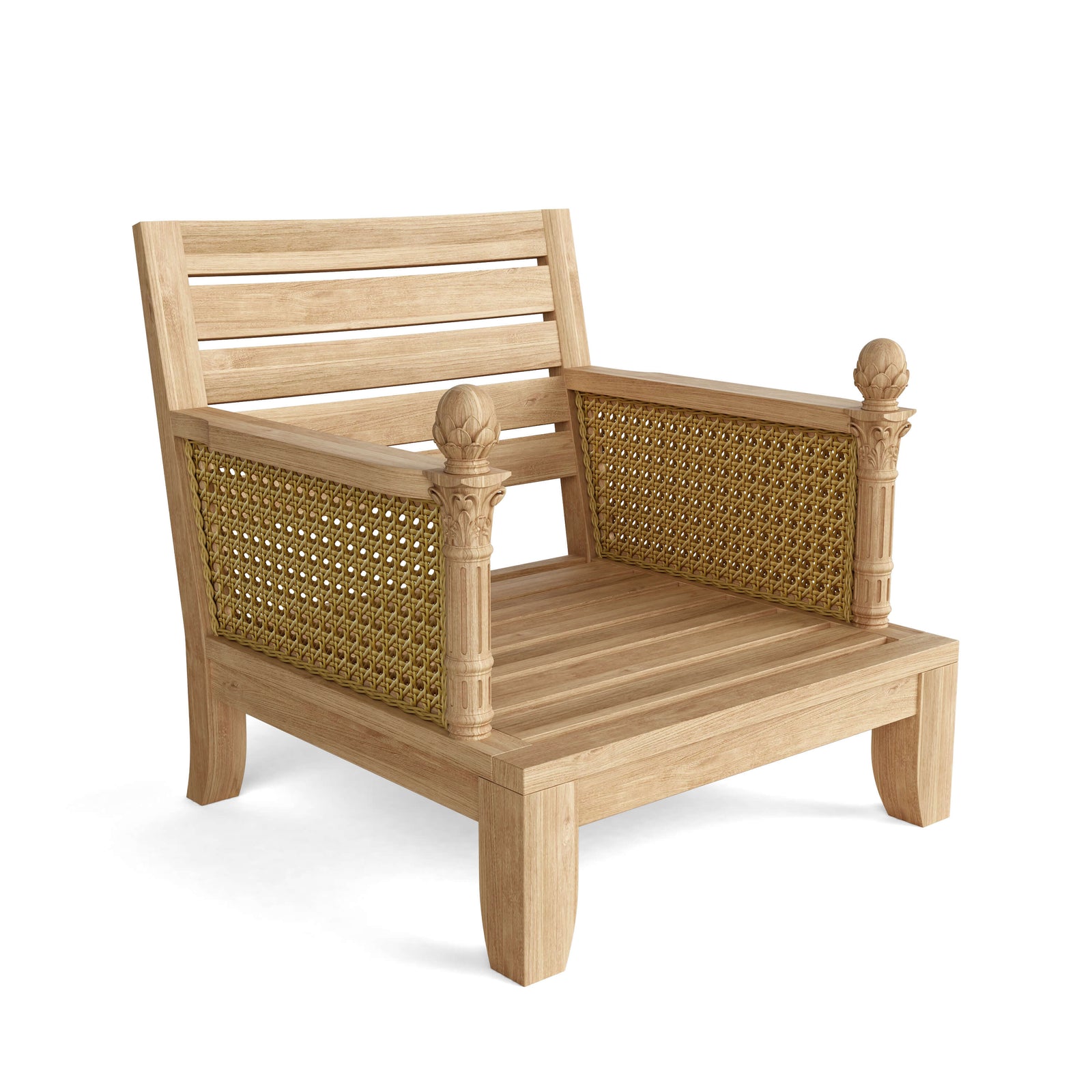 Wooden armchair with wicker backrest on a white background