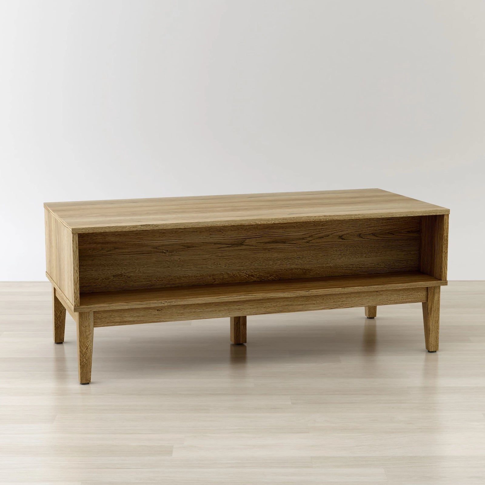 Wooden bench on a light wooden floor with a white background