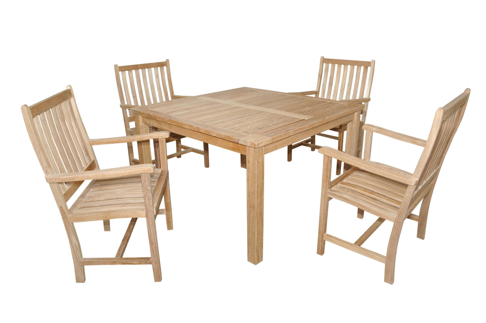 Wooden outdoor table with four matching chairs on a white background