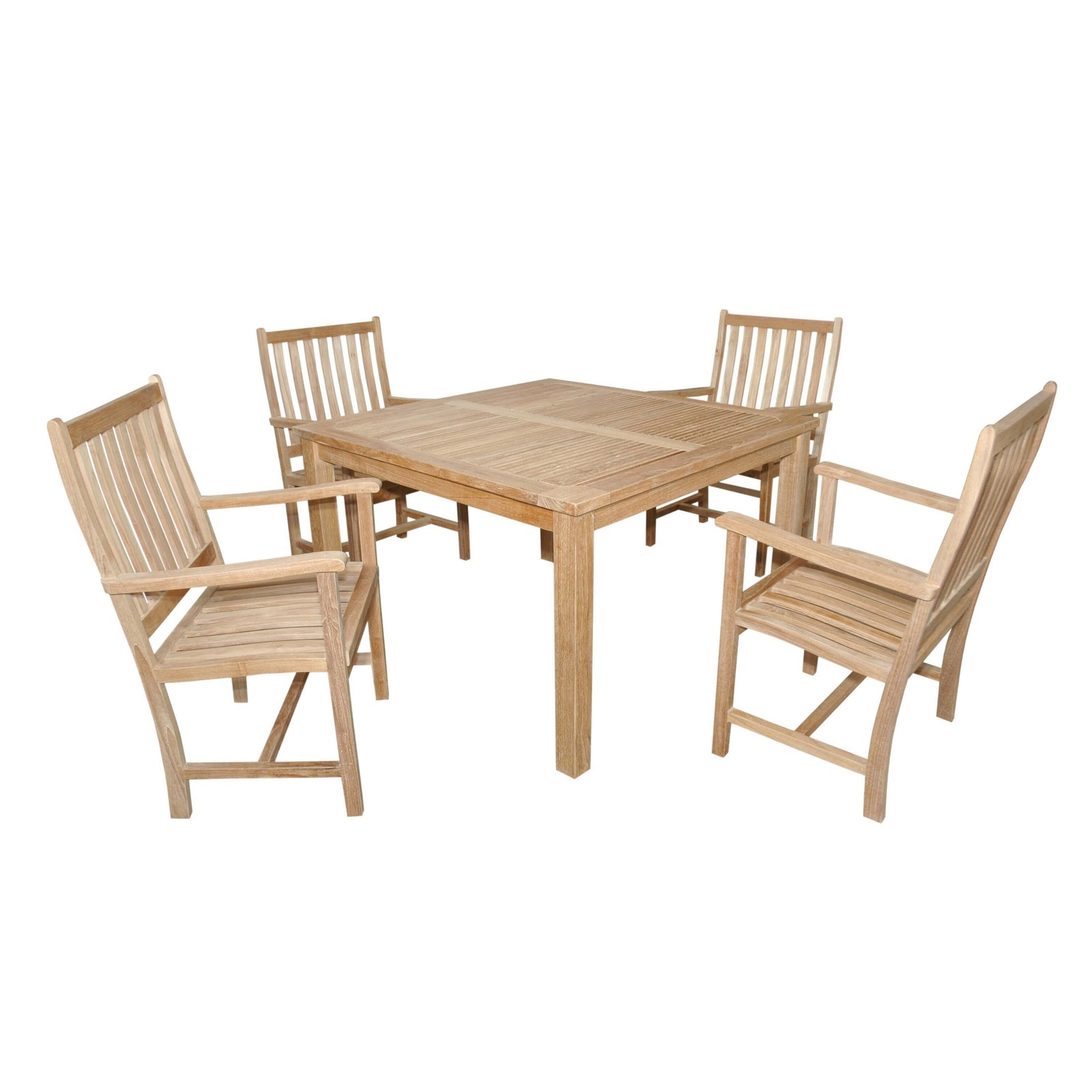 Wooden outdoor table with four matching chairs on a white background
