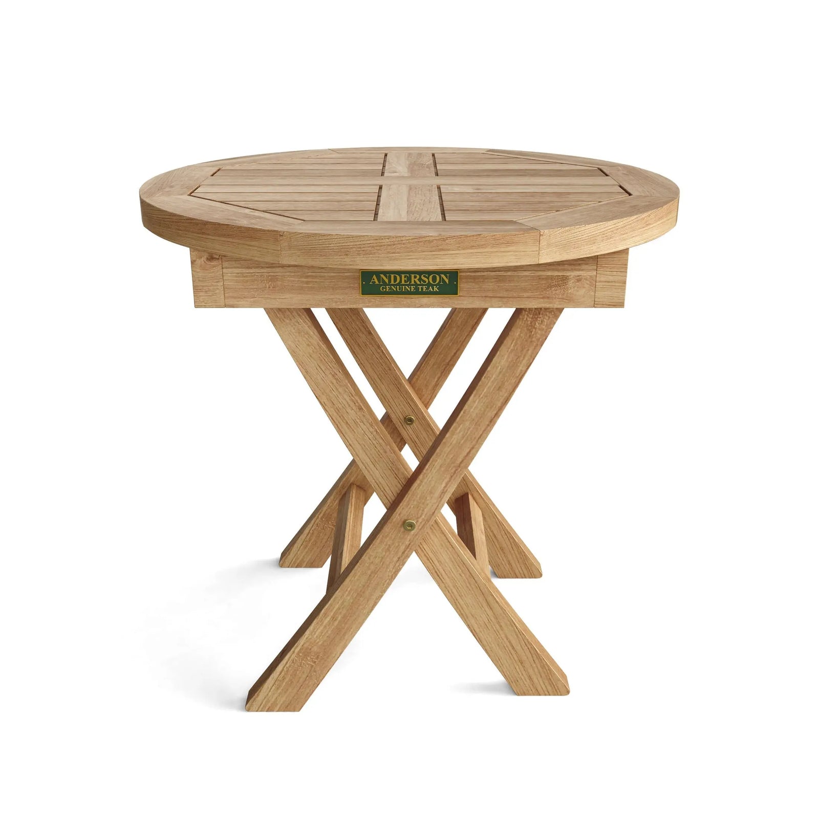 Wooden folding table with 'Anderson' branding on a white background