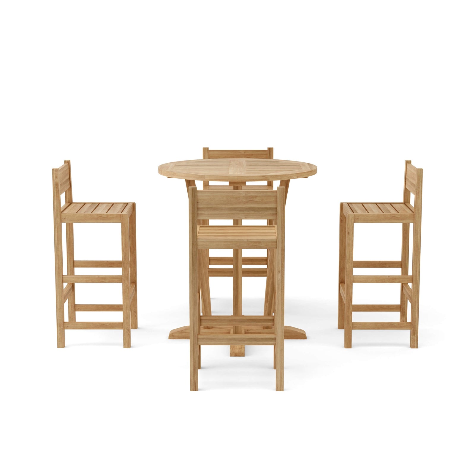 Wooden outdoor table with four matching chairs on a white background