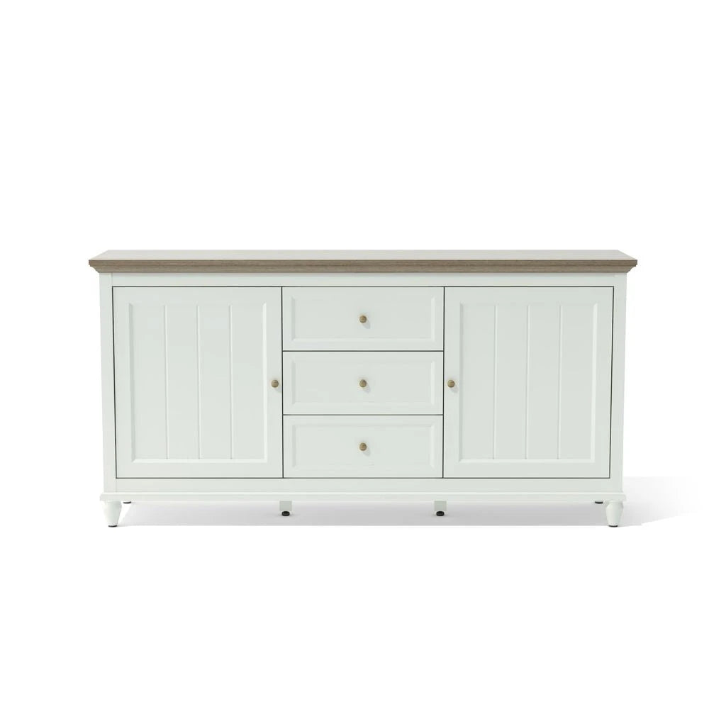 White sideboard with wooden top on a white background