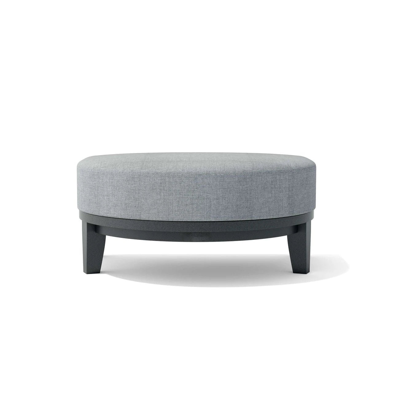 Gray upholstered ottoman with dark wooden legs on a white background