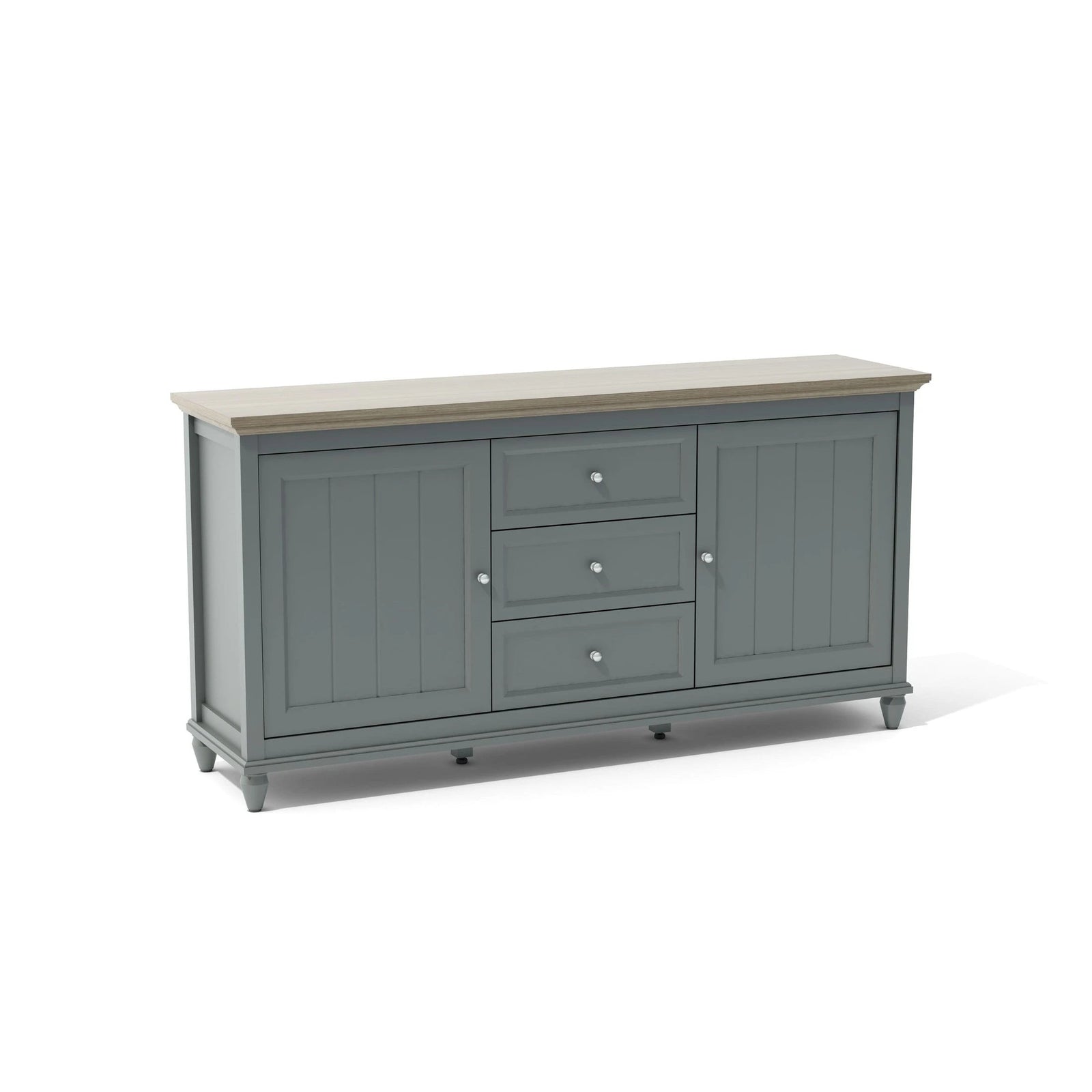 Gray sideboard with a light wood top on a white background