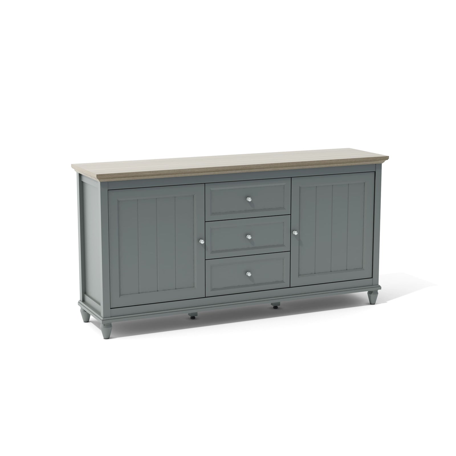 Gray sideboard with a light wood top on a white background