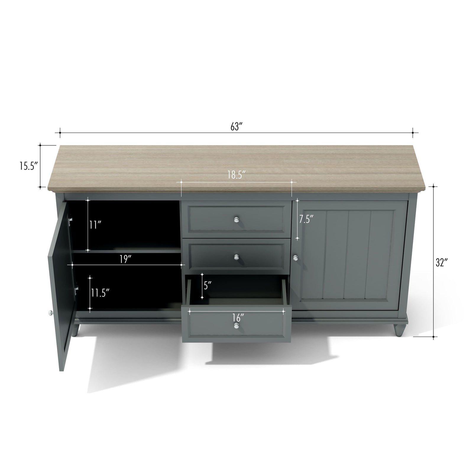 Gray sideboard with dimensions labeled on a white background