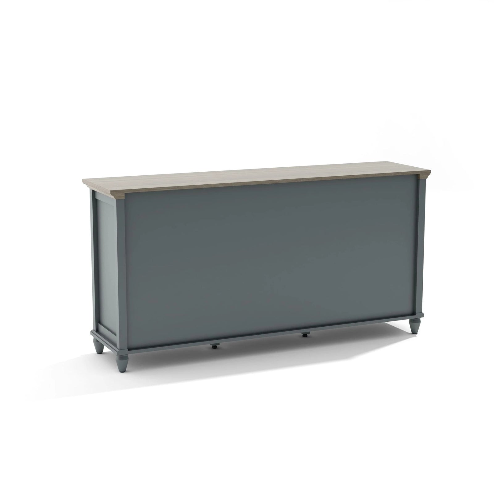Long gray cabinet with a light gray top on a white background