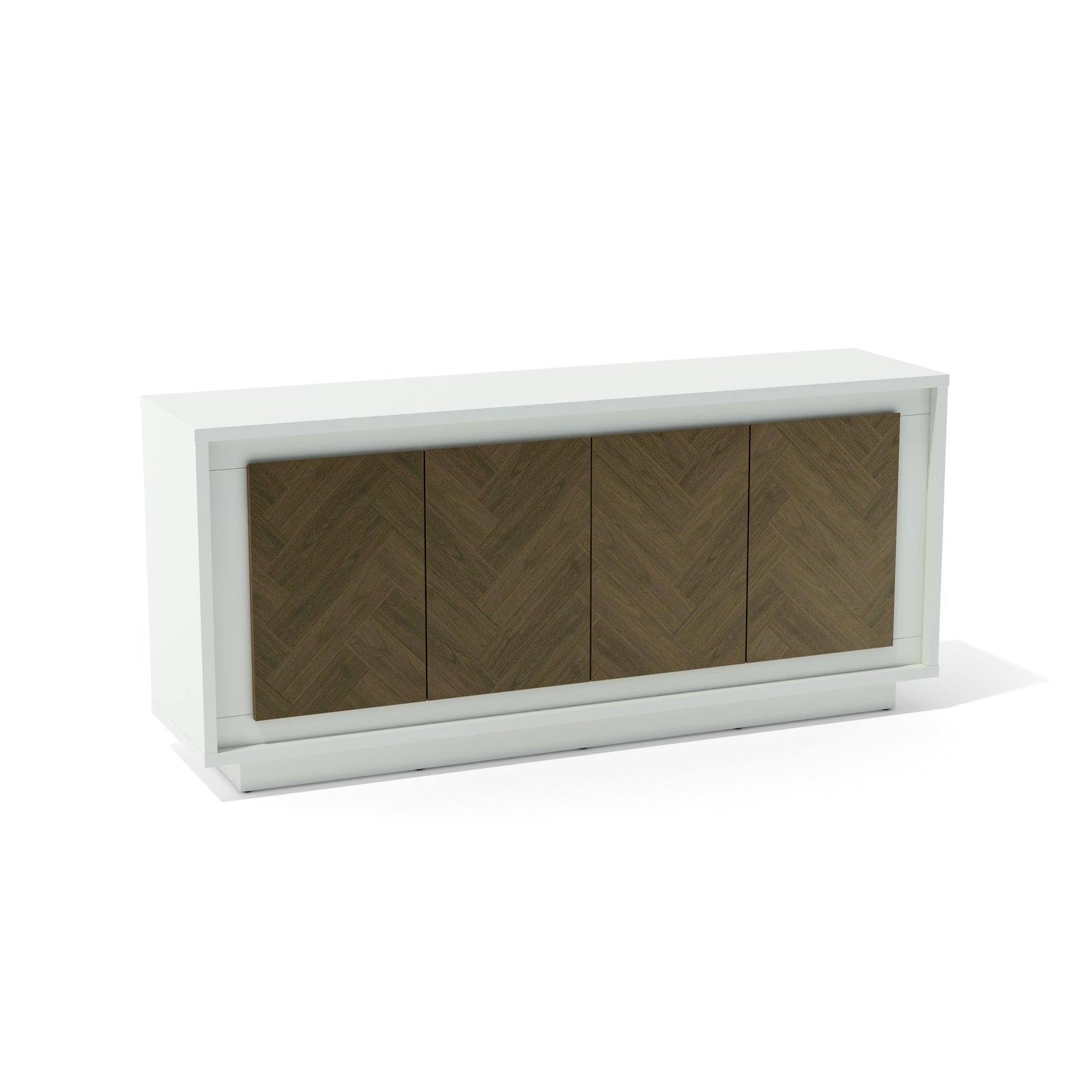 White cabinet with wooden panel doors on a white background