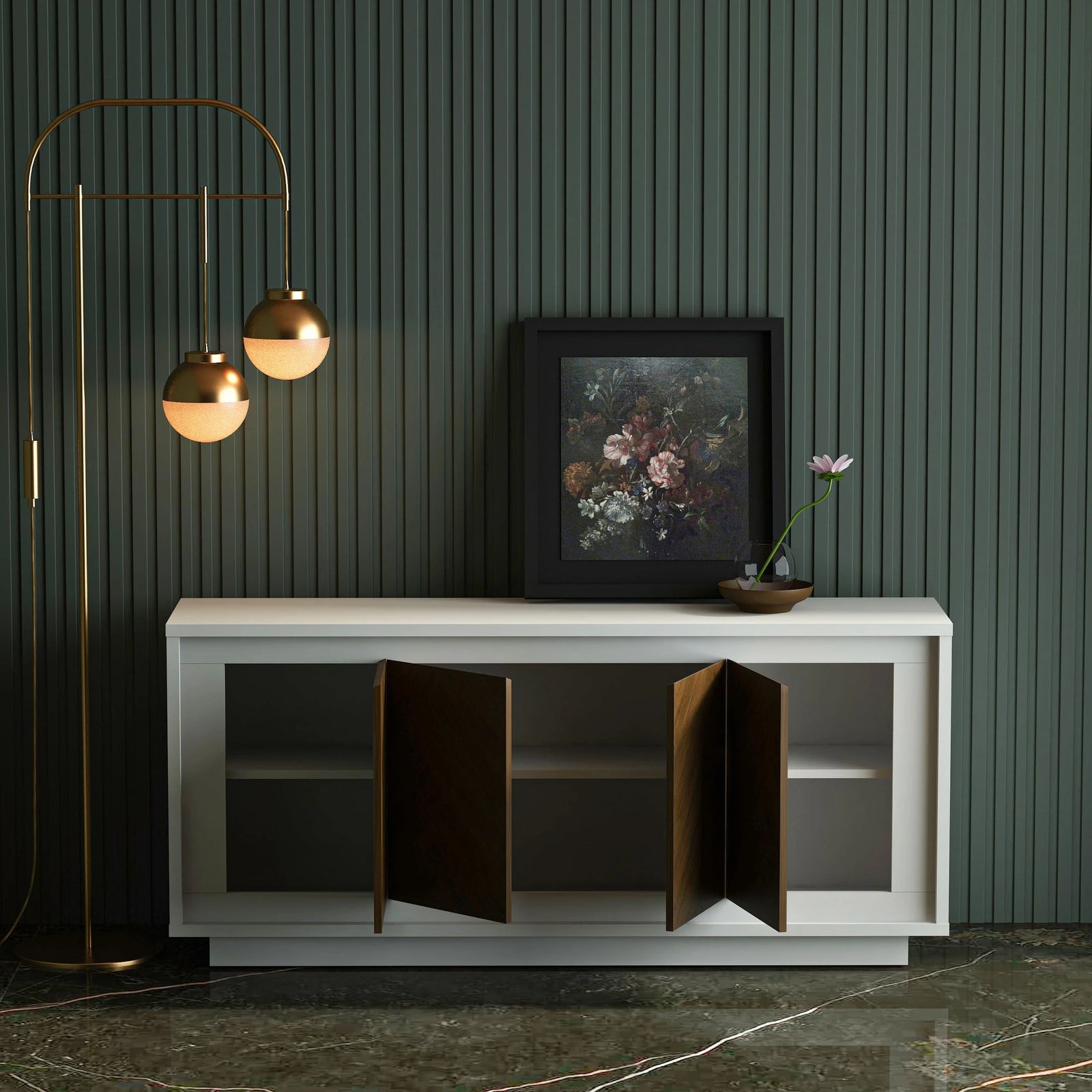 Modern white cabinet with open doors against a dark green striped wall with a floor lamp and framed picture.