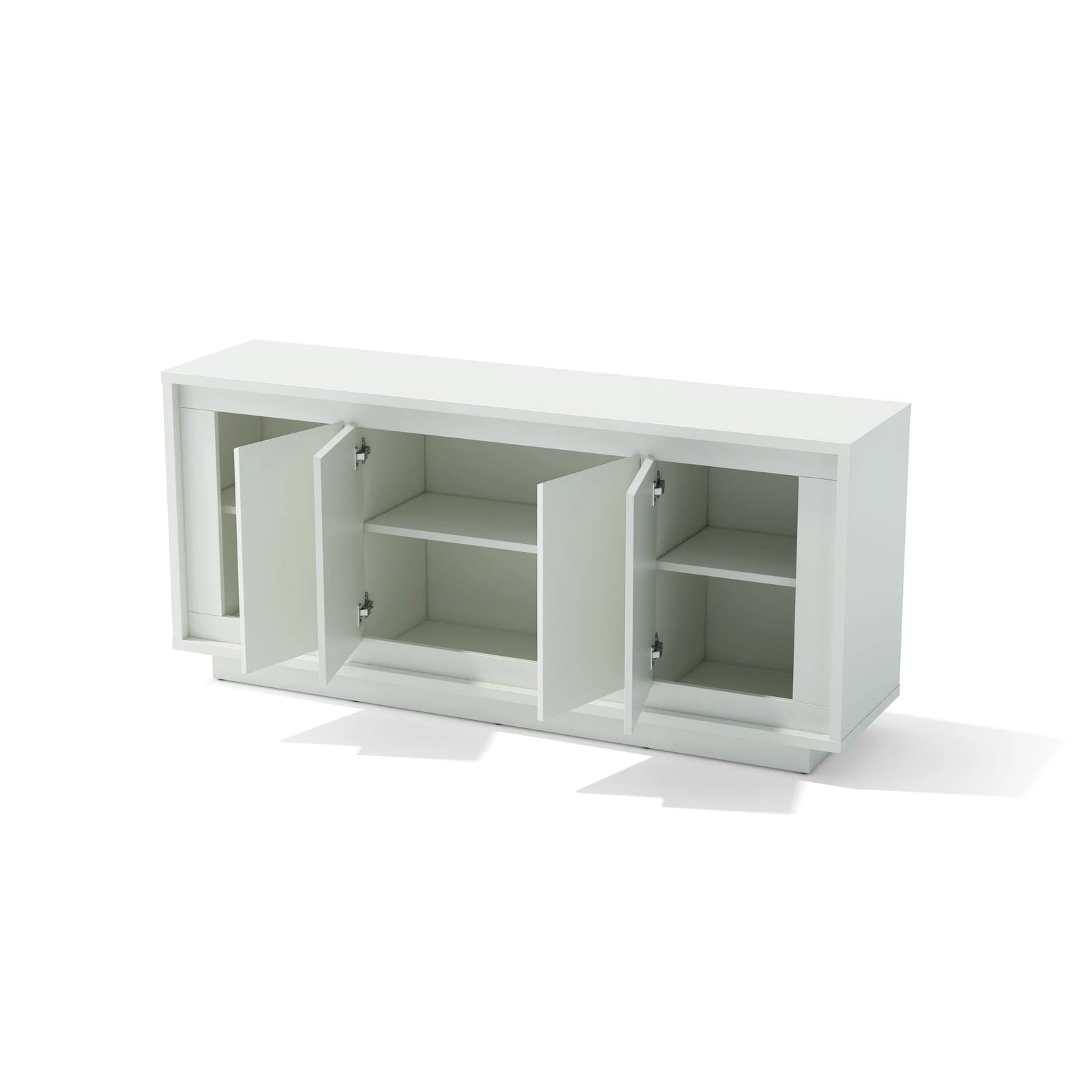 White cabinet with open doors on a white background